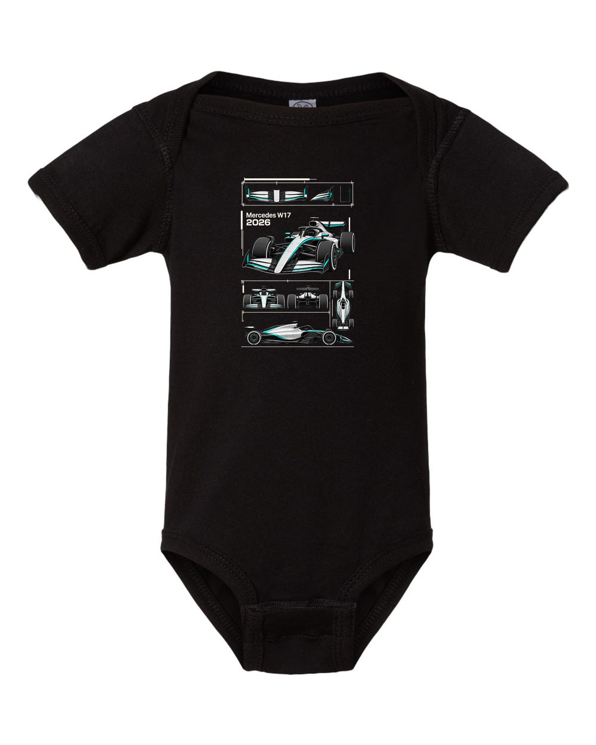 Mercedes W17 2026 F1 car technical poster artwork black baby onesie front view with the design