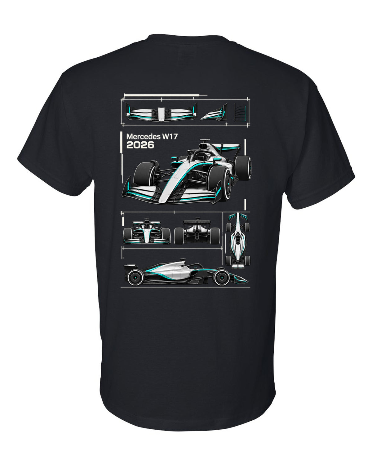 Mercedes W17 2026 F1 car technical poster artwork black t-shirt back view with the design