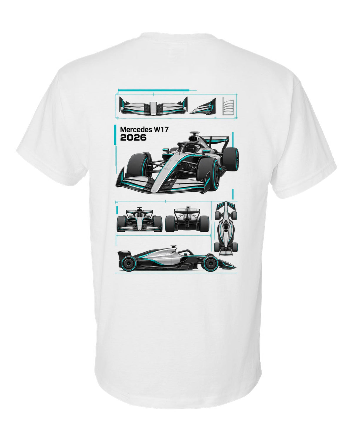 Mercedes W17 2026 F1 car technical poster artwork white t-shirt back view with the design