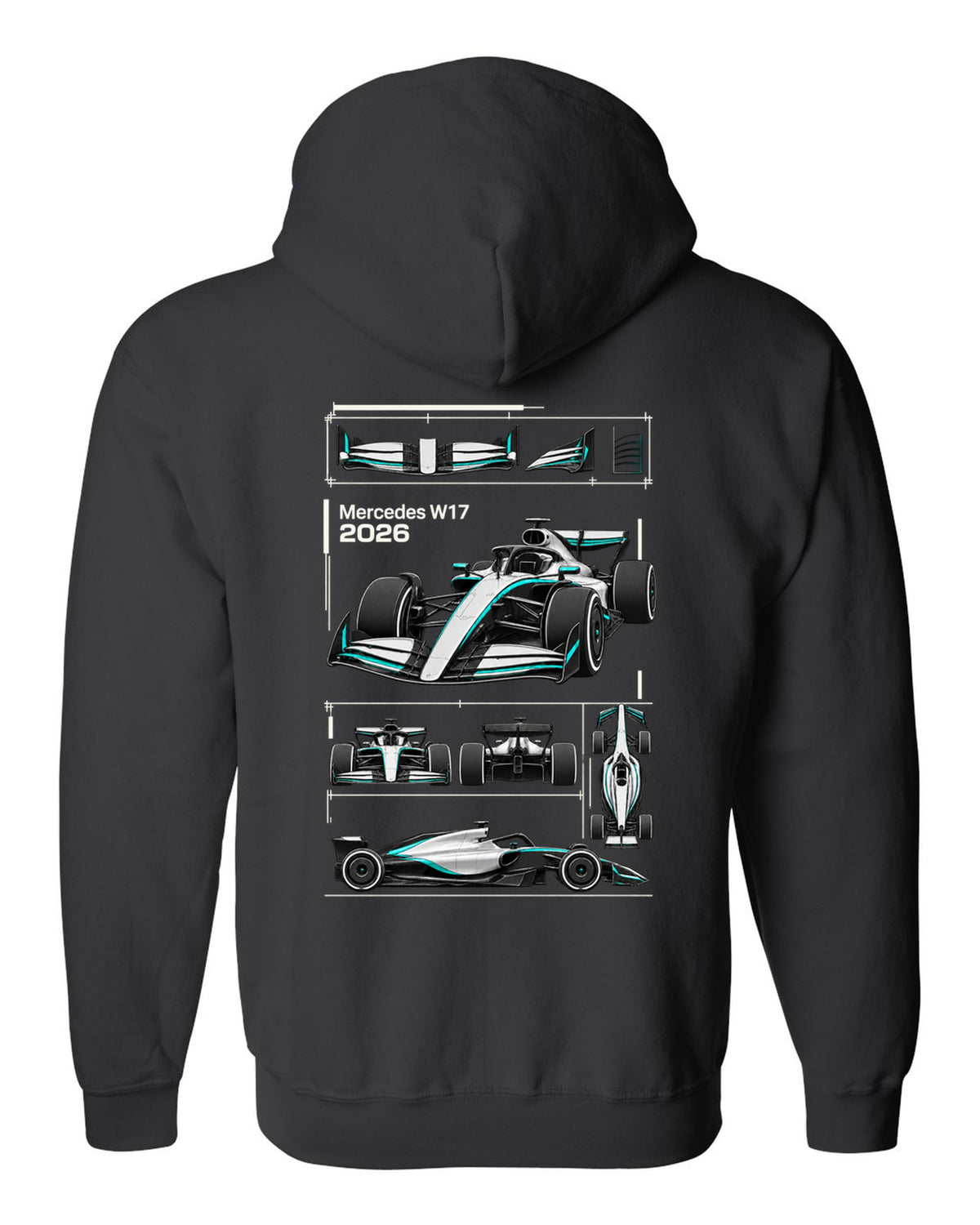 Mercedes W17 2026 F1 car technical poster artwork black zip hoodie back view with the design