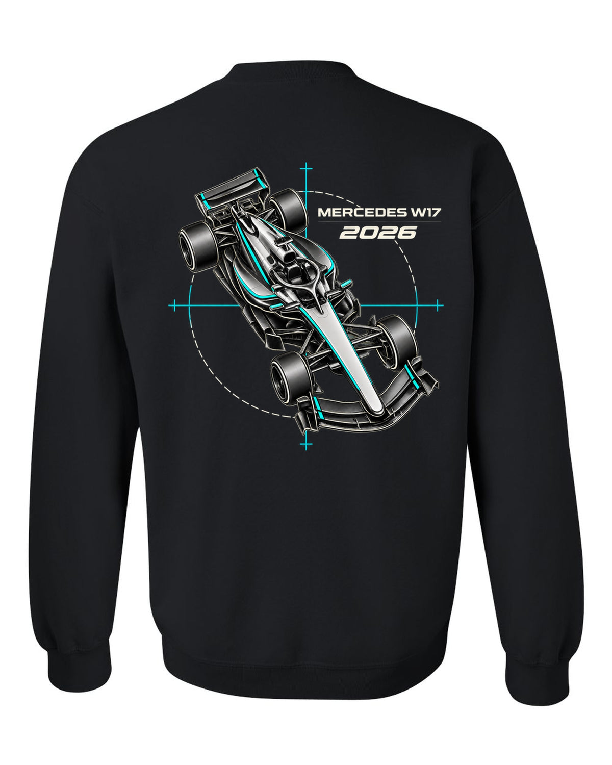 Mercedes W17 2026 F1 car technical poster artwork black crewneck back view with the design