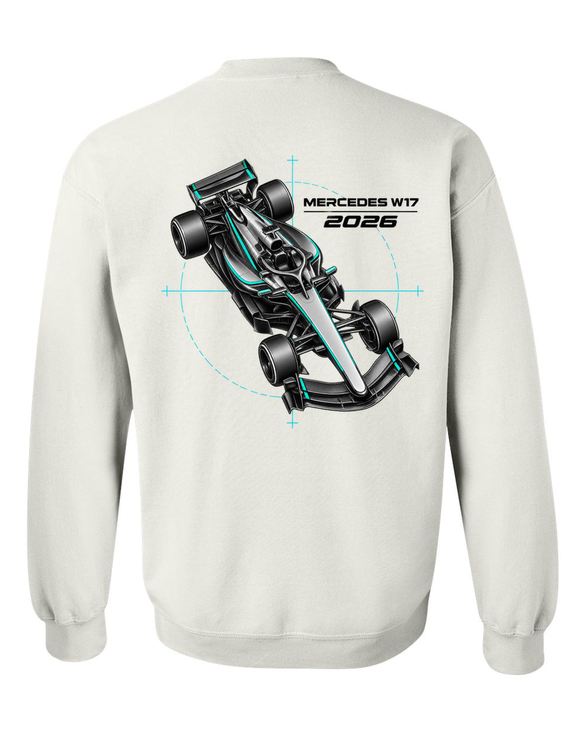 Mercedes W17 2026 F1 car technical poster artwork white crewneck back view with the design