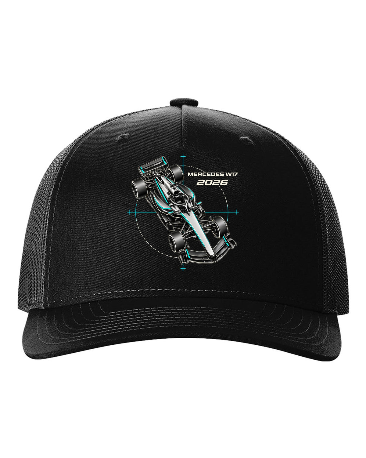 Mercedes W17 2026 F1 car technical poster artwork black hat front view with the design
