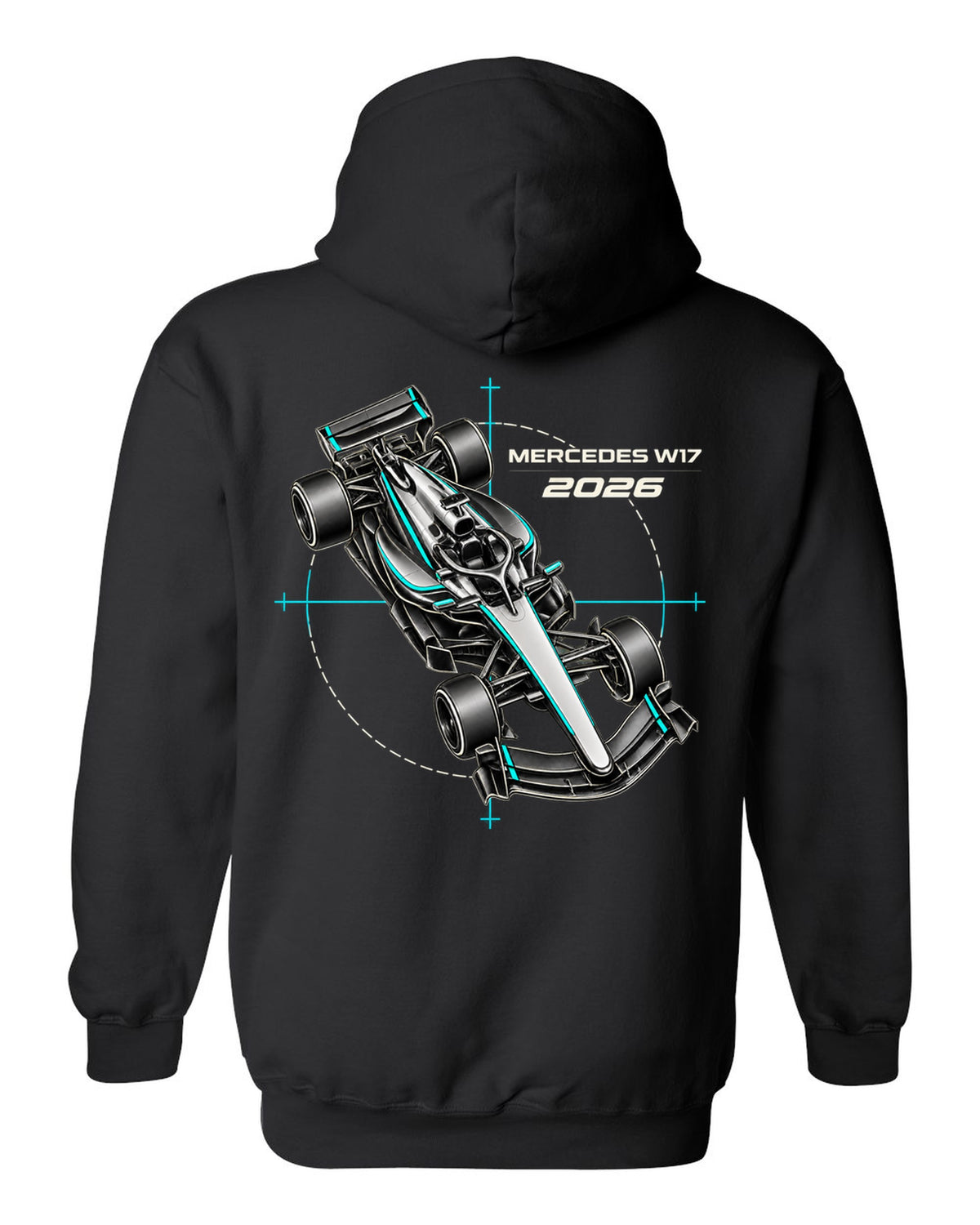 Mercedes W17 2026 F1 car technical poster artwork black pull over hoodie back view with the design