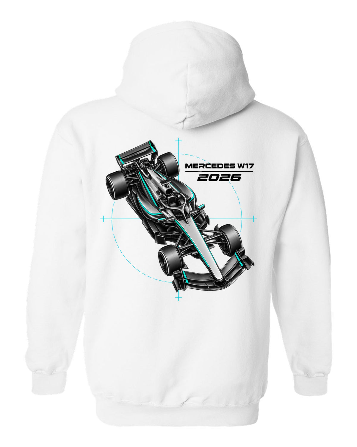Mercedes W17 2026 F1 car technical poster artwork white pull over hoodie back view with the design