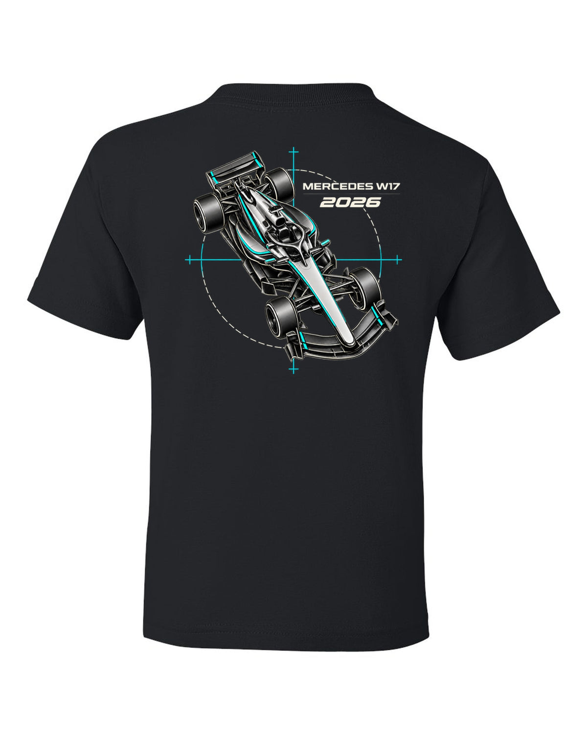 Mercedes W17 2026 F1 car technical poster artwork black kids tee back view with the design
