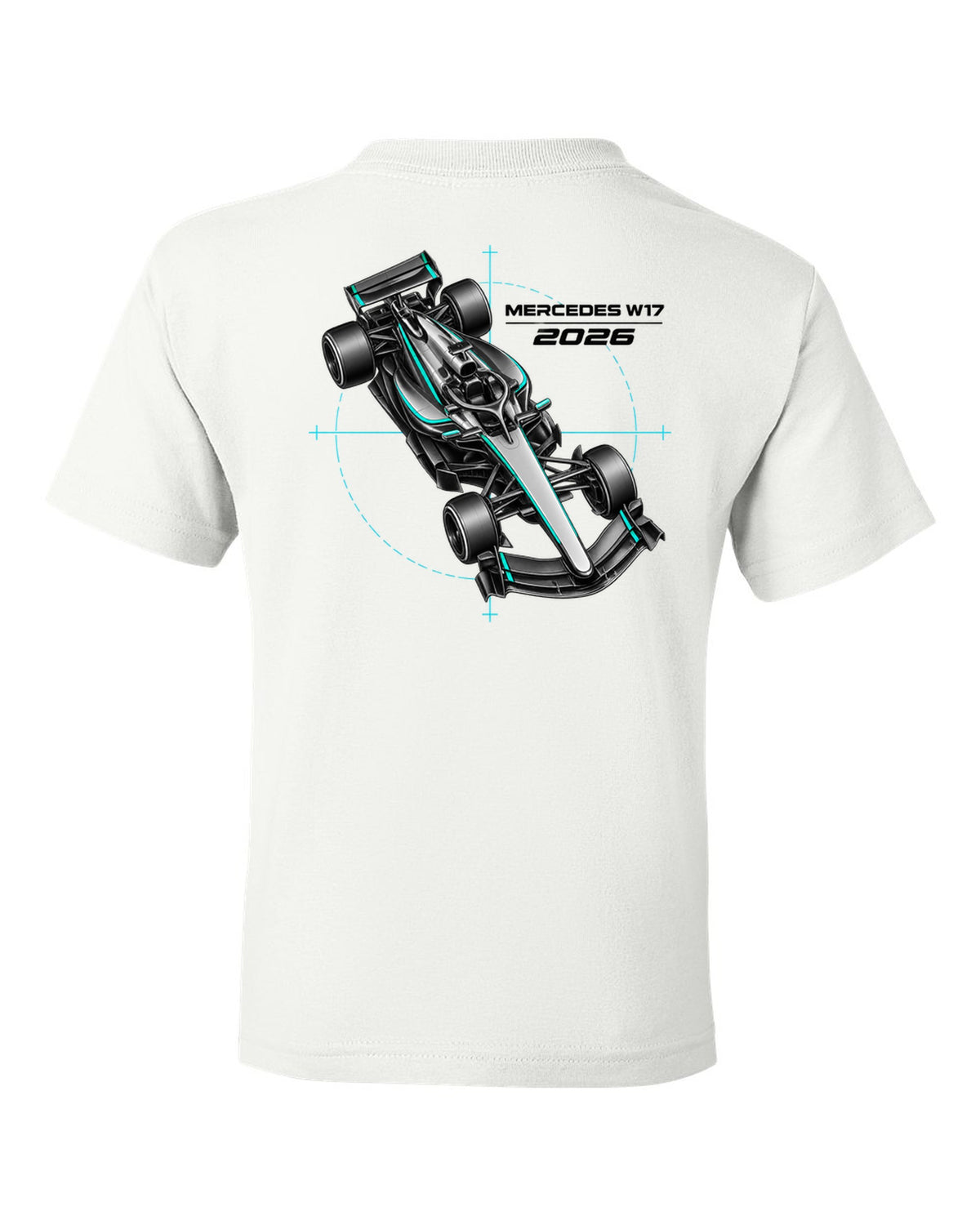 Mercedes W17 2026 F1 car technical poster artwork white kids tee back view with the design