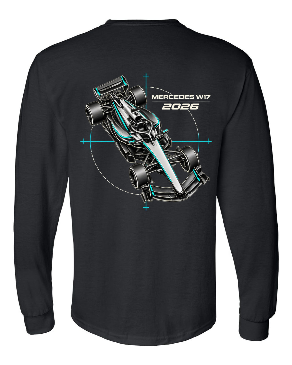 Mercedes W17 2026 F1 car technical poster artwork black long sleeve back view with the design