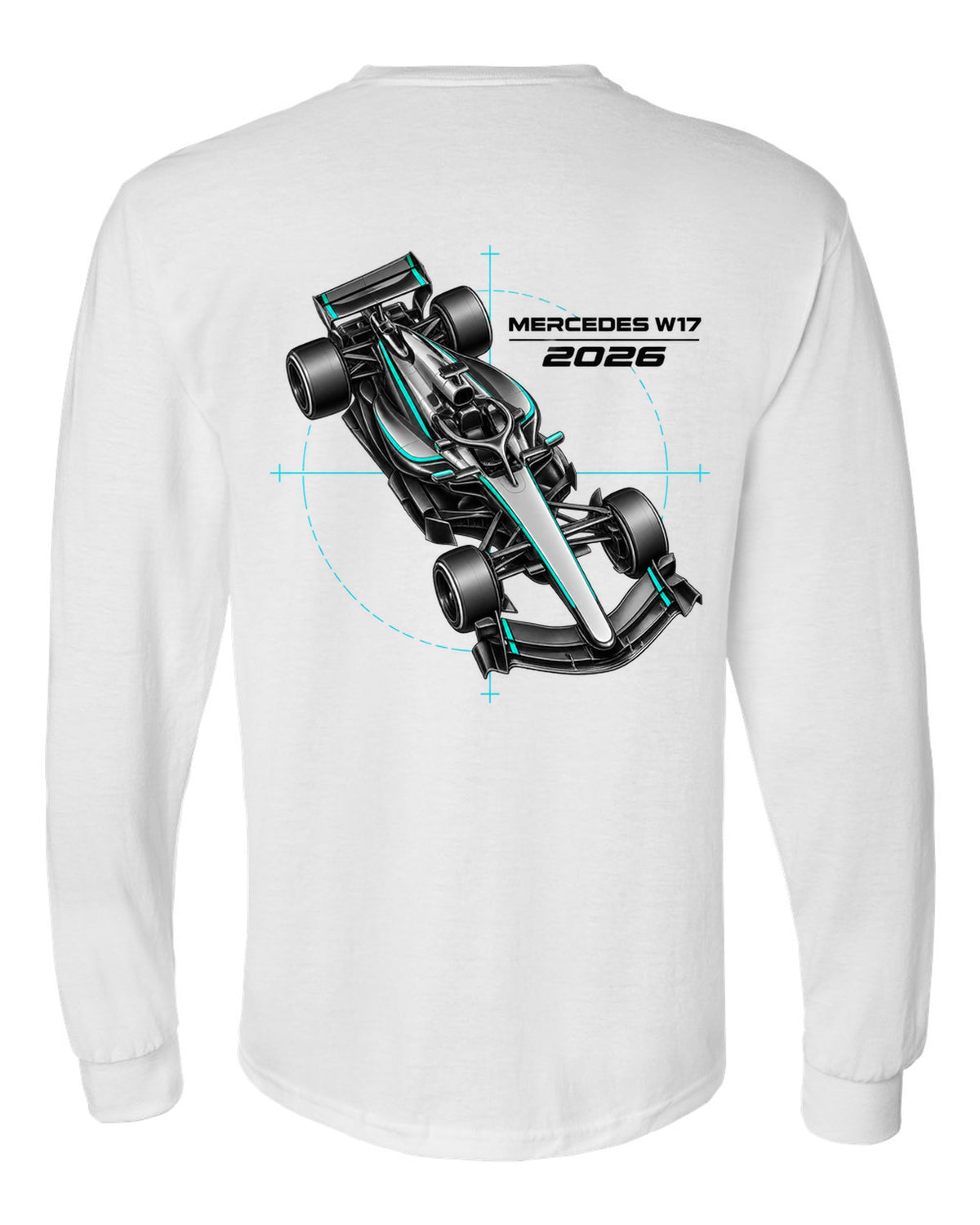 Mercedes W17 2026 F1 car technical poster artwork white long sleeve back view with the design