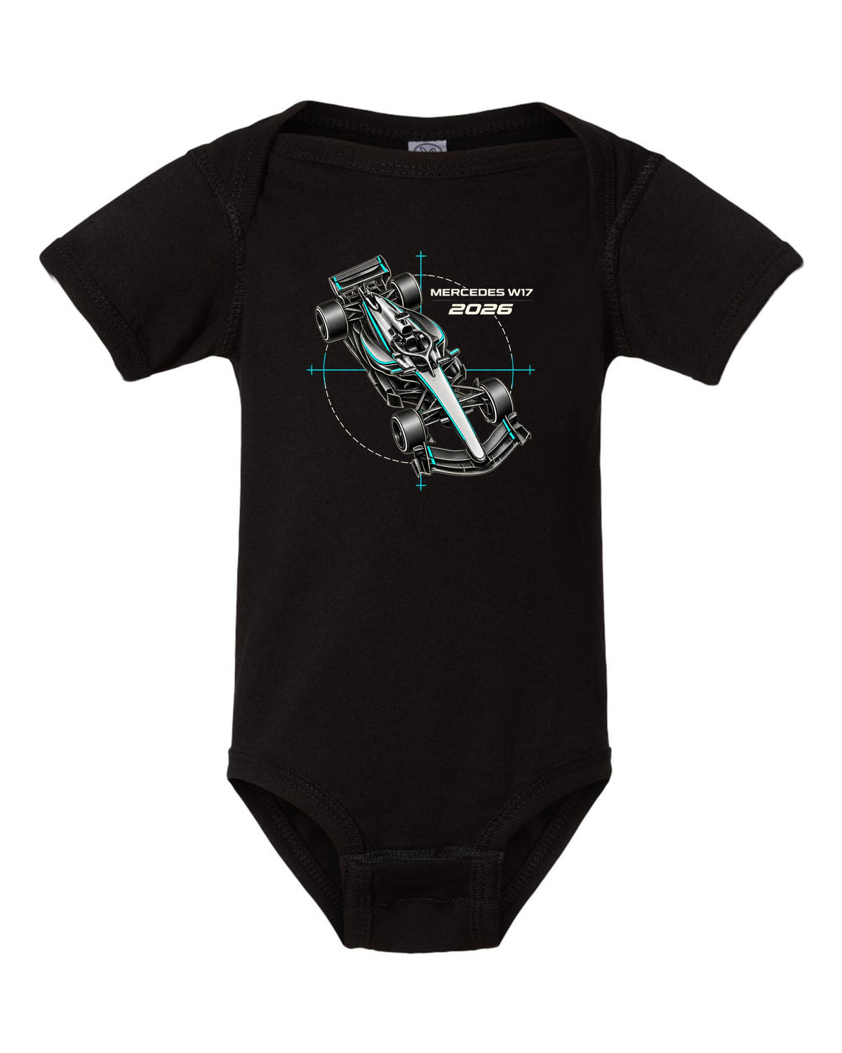 Mercedes W17 2026 F1 car technical poster artwork black baby onesie front view with the design