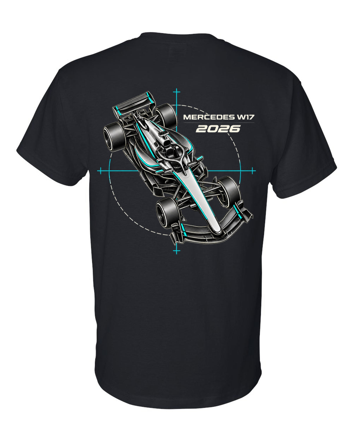 Mercedes W17 2026 F1 car technical poster artwork black t-shirt back view with the design