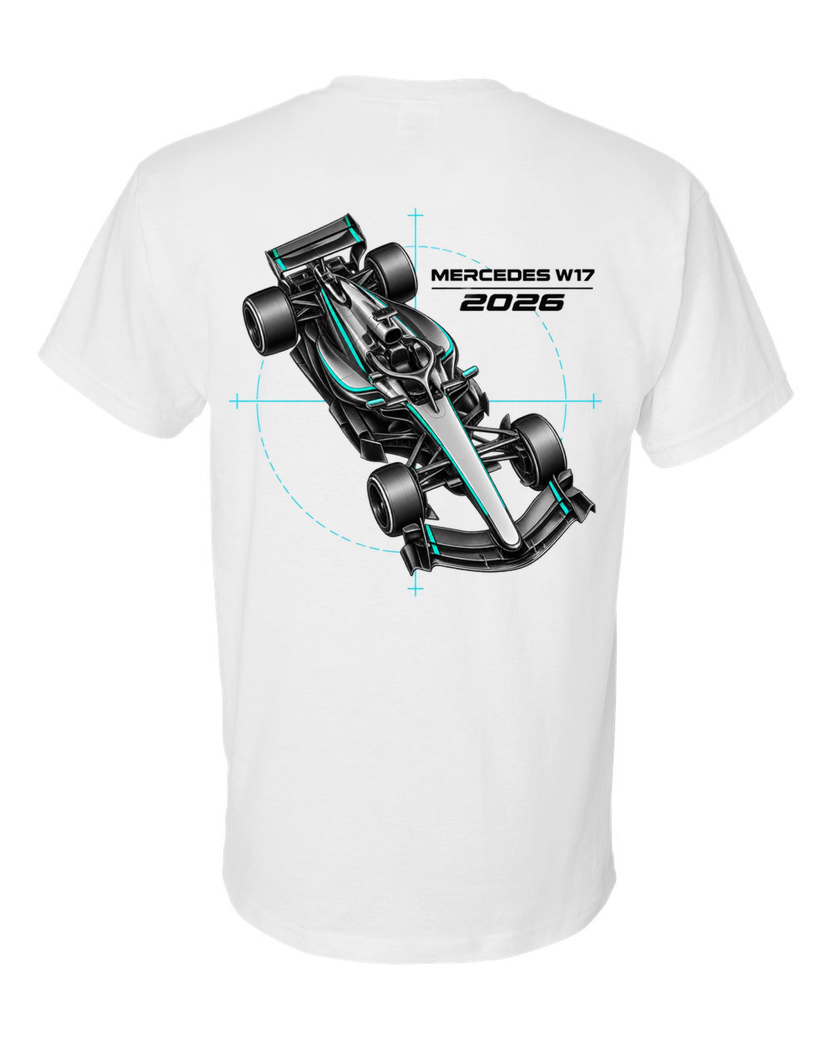 Mercedes W17 2026 F1 car technical poster artwork white t-shirt back view with the design