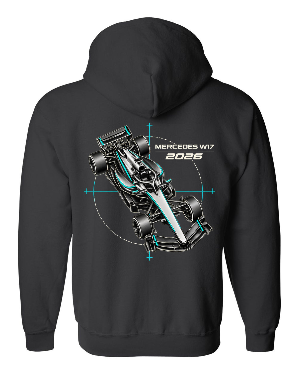 Mercedes W17 2026 F1 car technical poster artwork black zip hoodie back view with the design