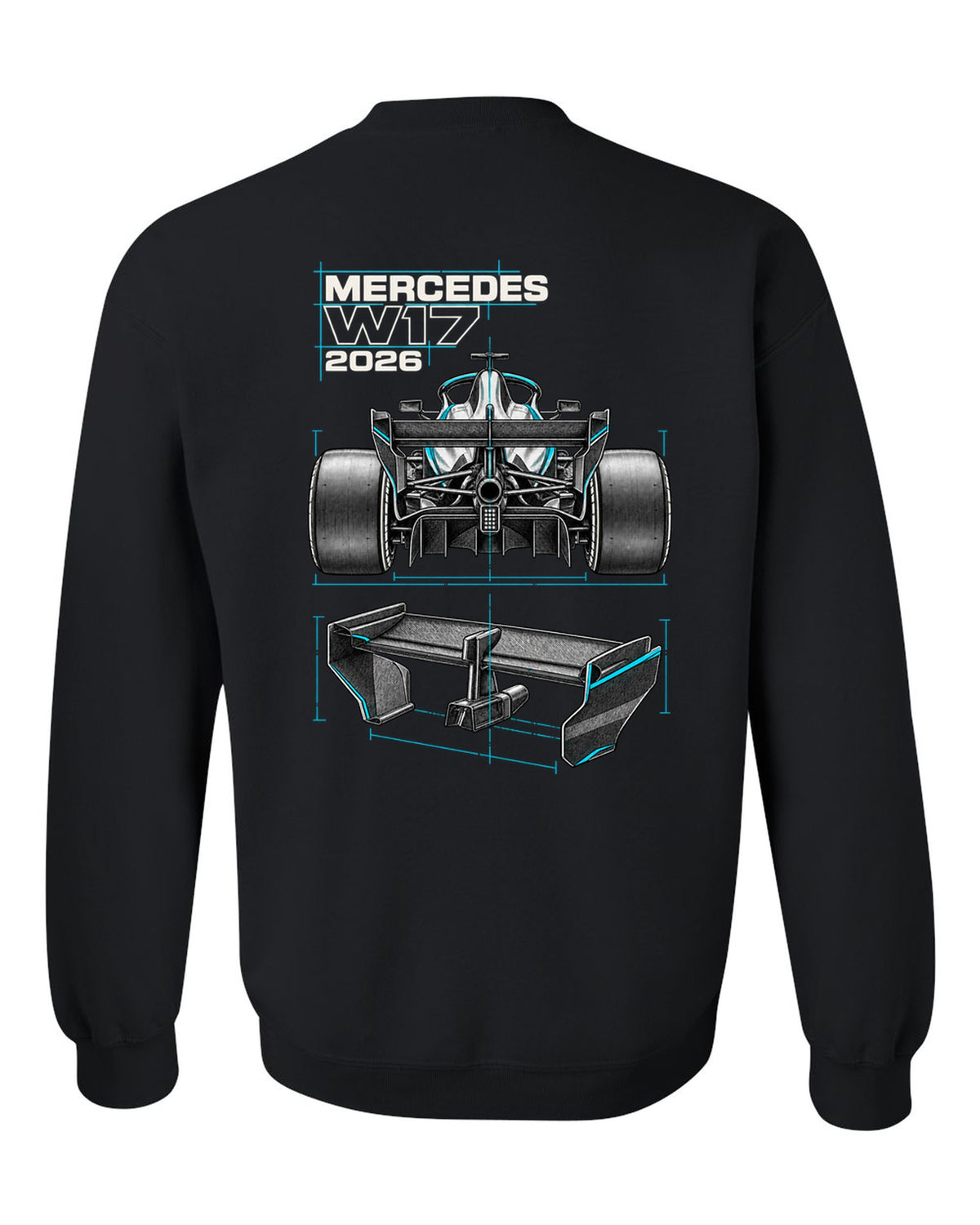 Mercedes W17 2026 F1 car technical poster artwork black crewneck back view with the design