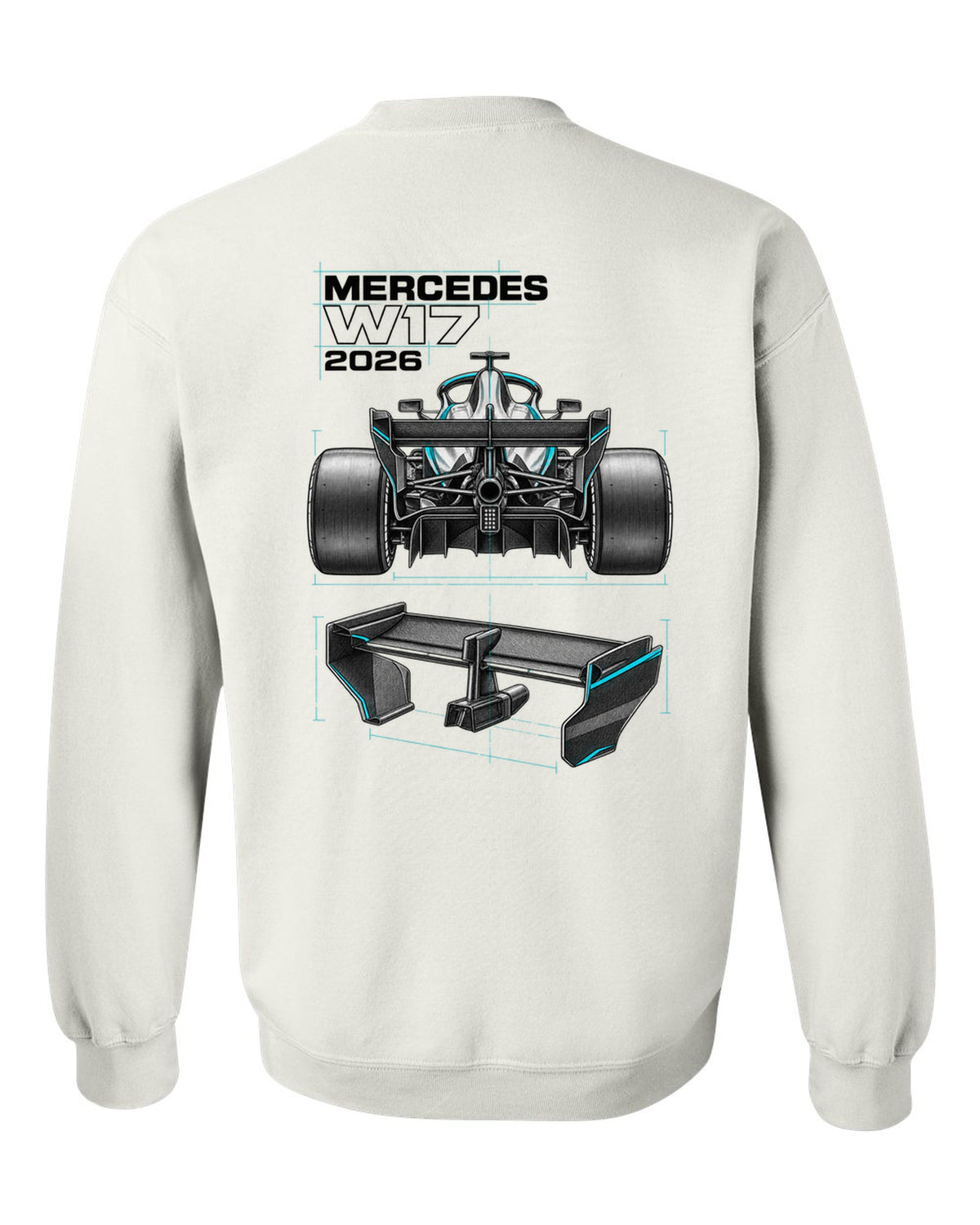 Mercedes W17 2026 F1 car technical poster artwork white crewneck back view with the design