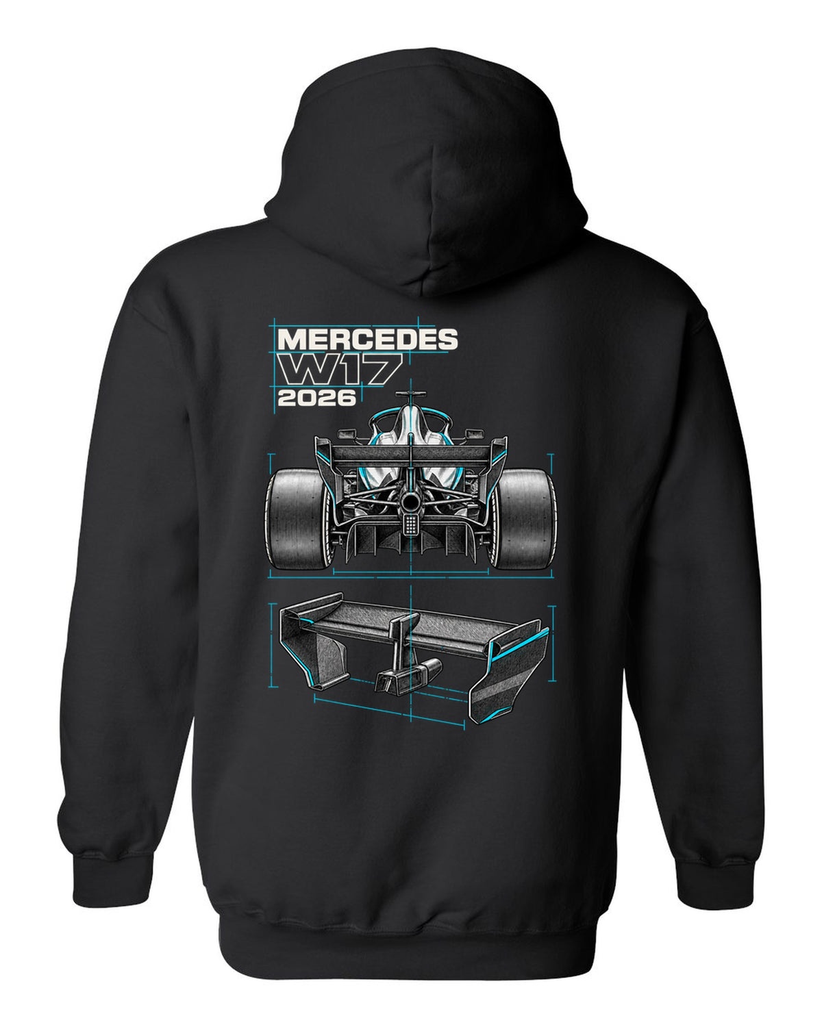 Mercedes W17 2026 F1 car technical poster artwork black pull over hoodie back view with the design