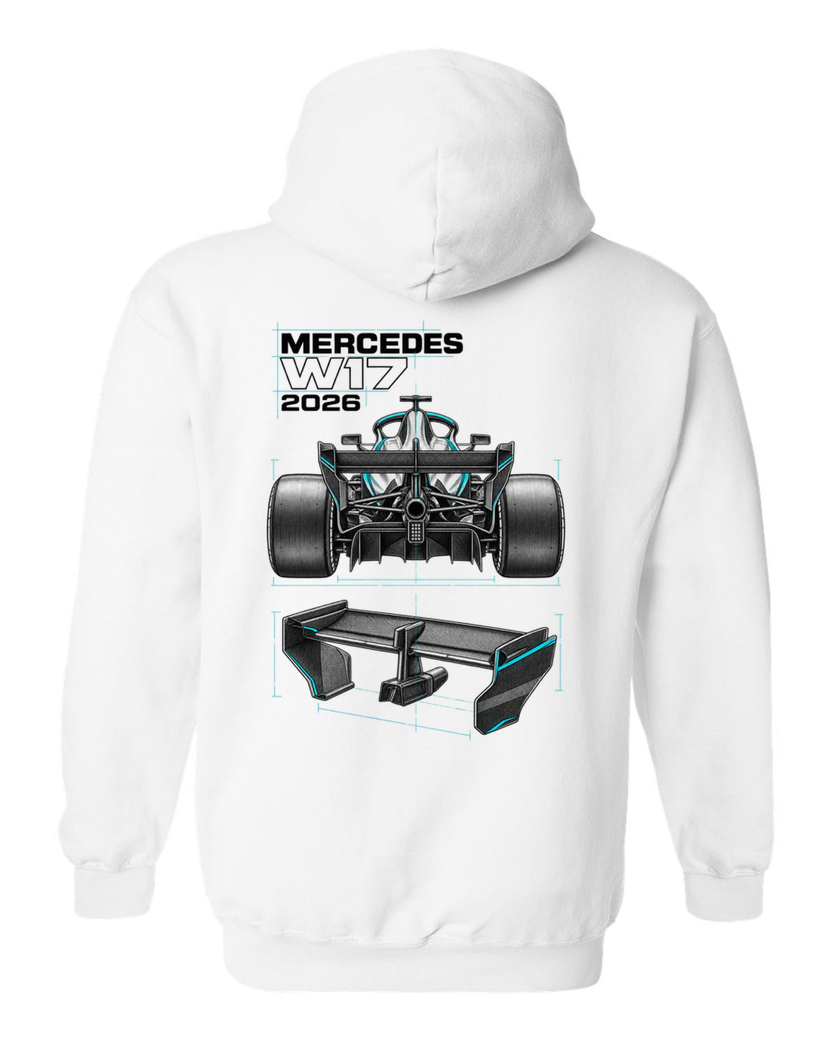 Mercedes W17 2026 F1 car technical poster artwork white pull over hoodie back view with the design