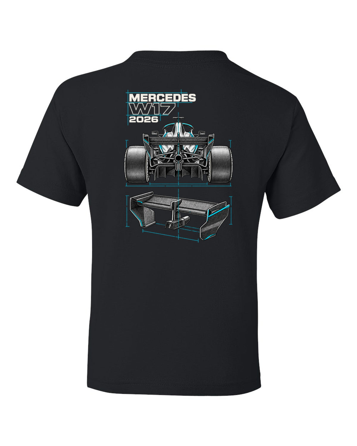 Mercedes W17 2026 F1 car technical poster artwork black kids tee back view with the design
