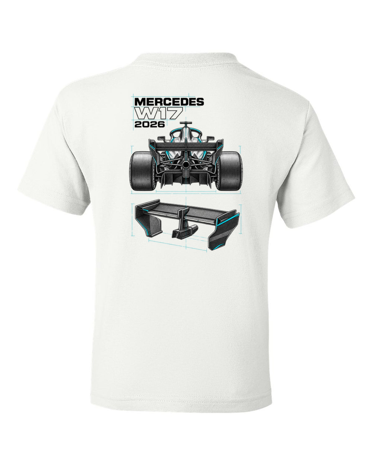 Mercedes W17 2026 F1 car technical poster artwork white kids tee back view with the design
