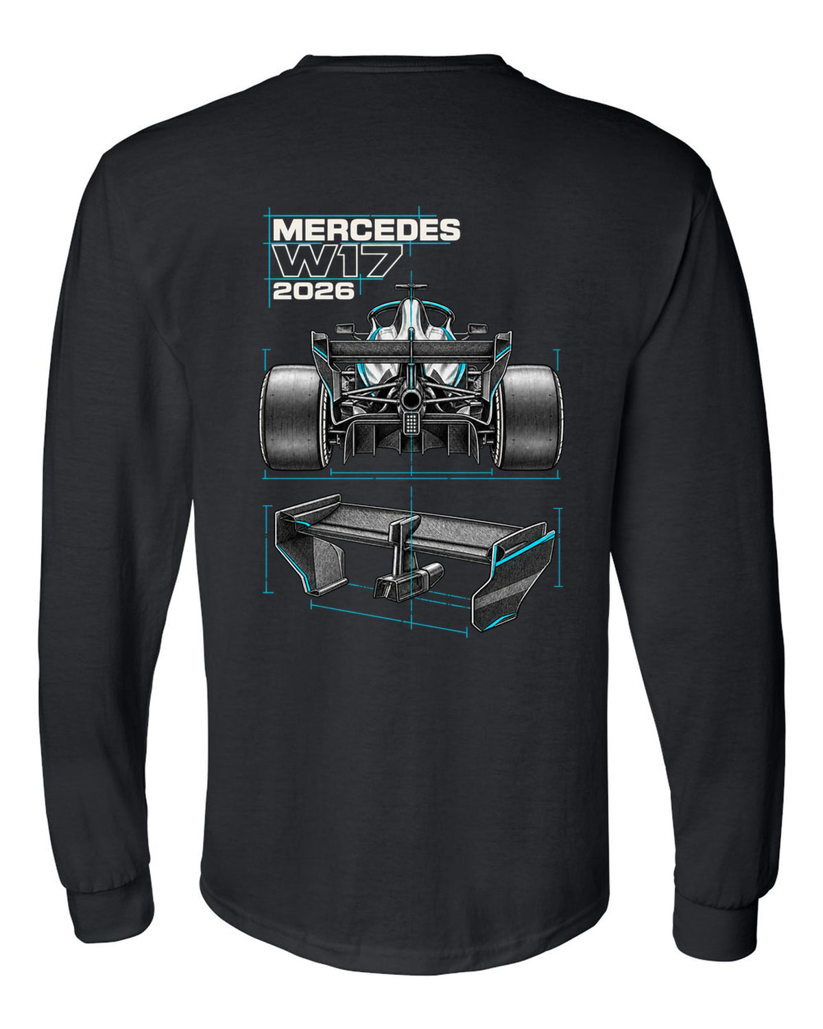 Mercedes W17 2026 F1 car technical poster artwork black long sleeve back view with the design
