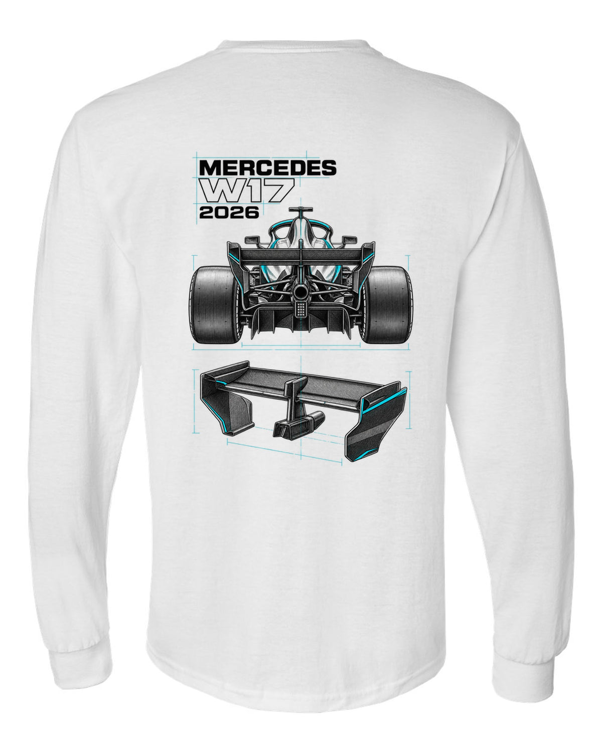 Mercedes W17 2026 F1 car technical poster artwork white long sleeve back view with the design