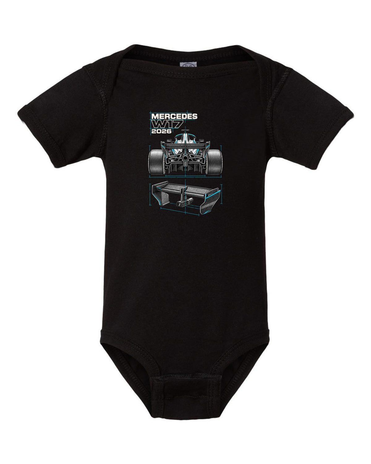 Mercedes W17 2026 F1 car technical poster artwork black baby onesie front view with the design