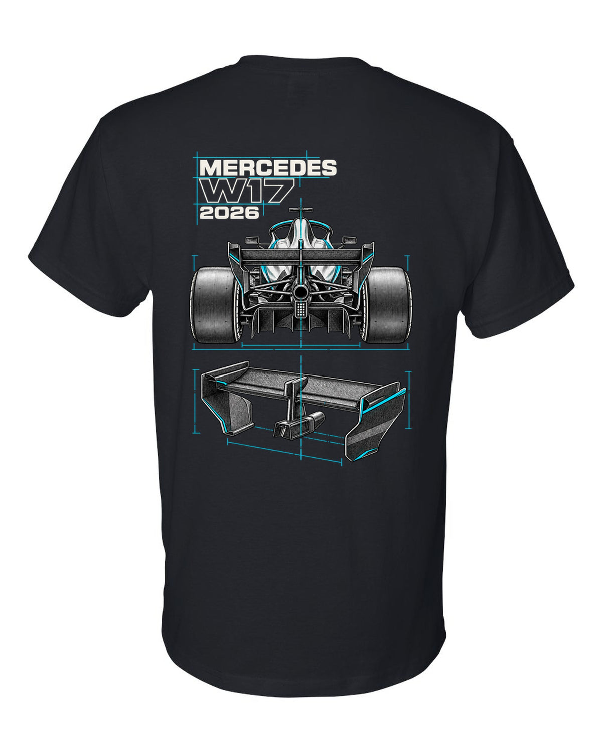 Mercedes W17 2026 F1 car technical poster artwork black t-shirt back view with the design