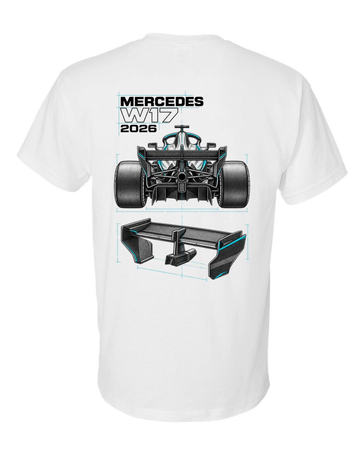 Mercedes W17 2026 F1 car technical poster artwork white t-shirt back view with the design