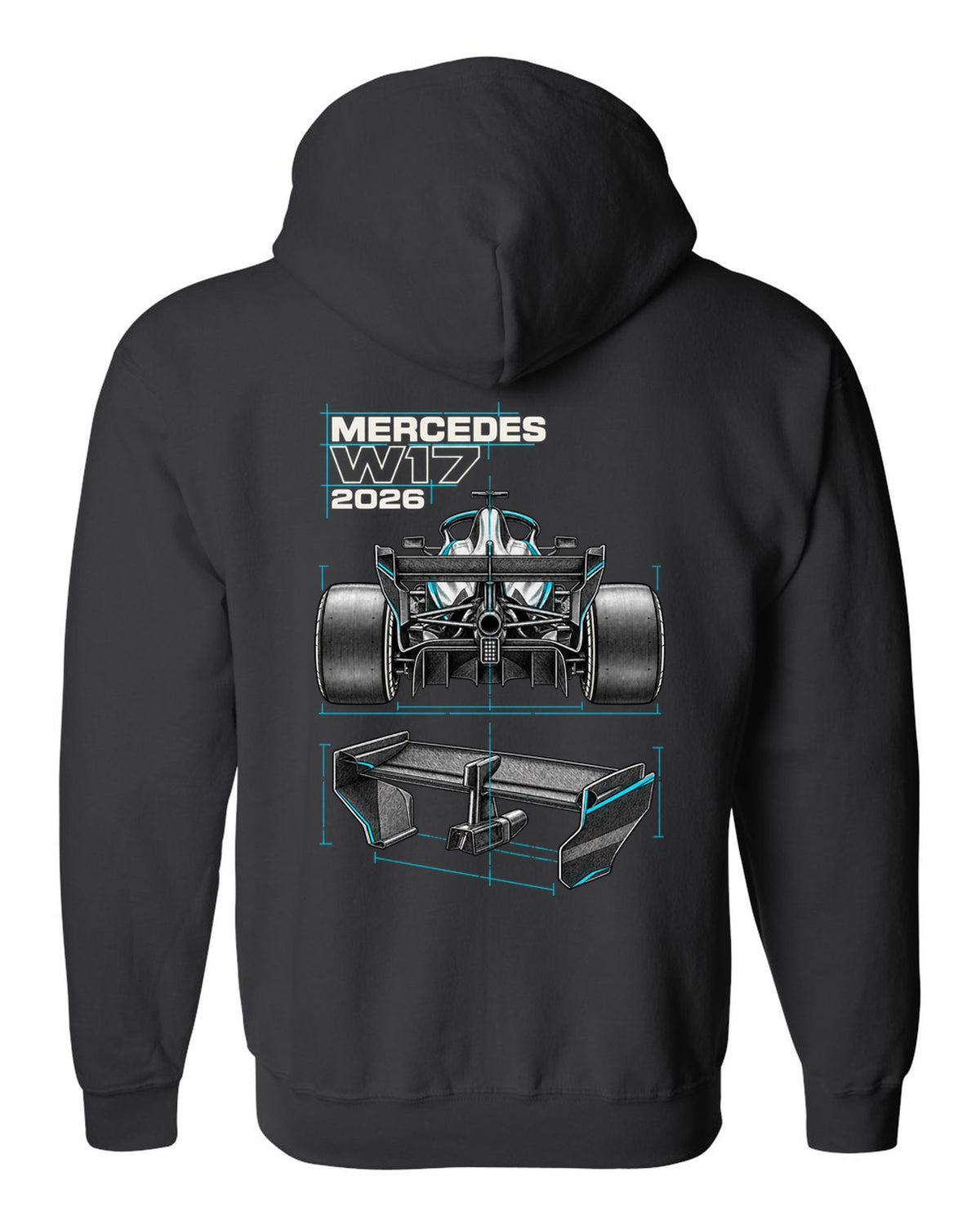 Mercedes W17 2026 F1 car technical poster artwork black zip hoodie back view with the design