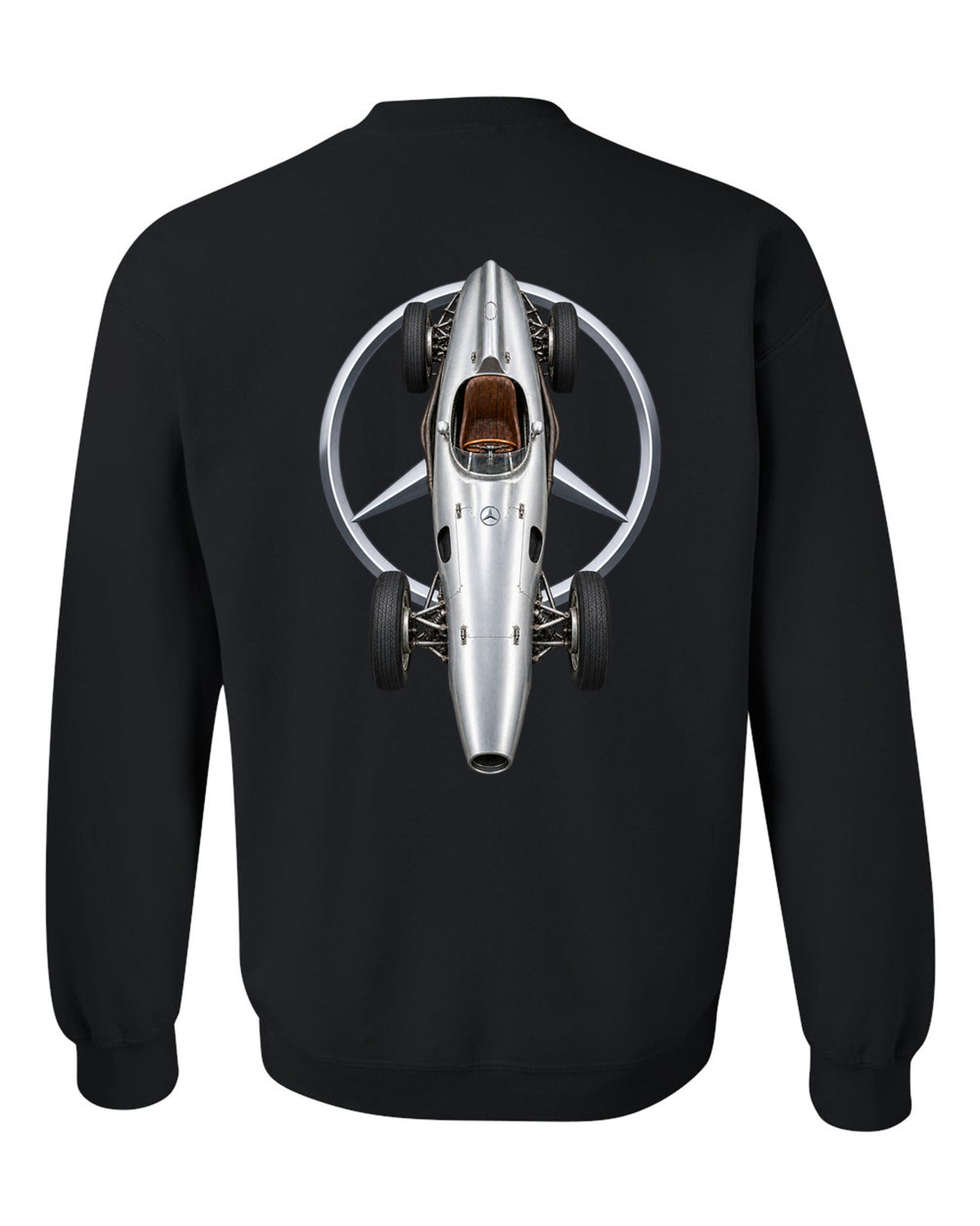 Mercedes W196 1954 Formula 1 overhead poster artwork black crewneck back view with the design