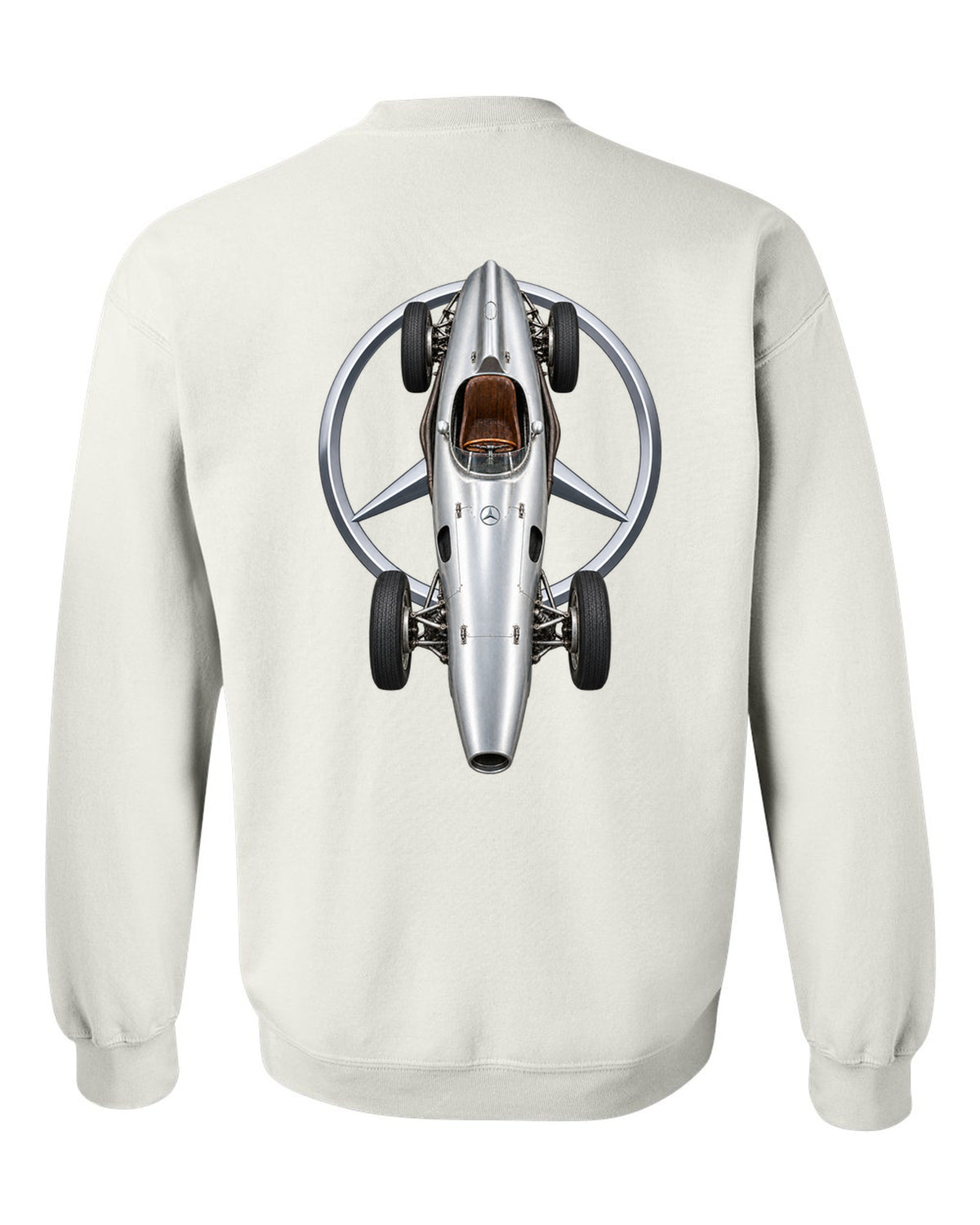 Mercedes W196 1954 Formula 1 overhead poster artwork white crewneck back view with the design