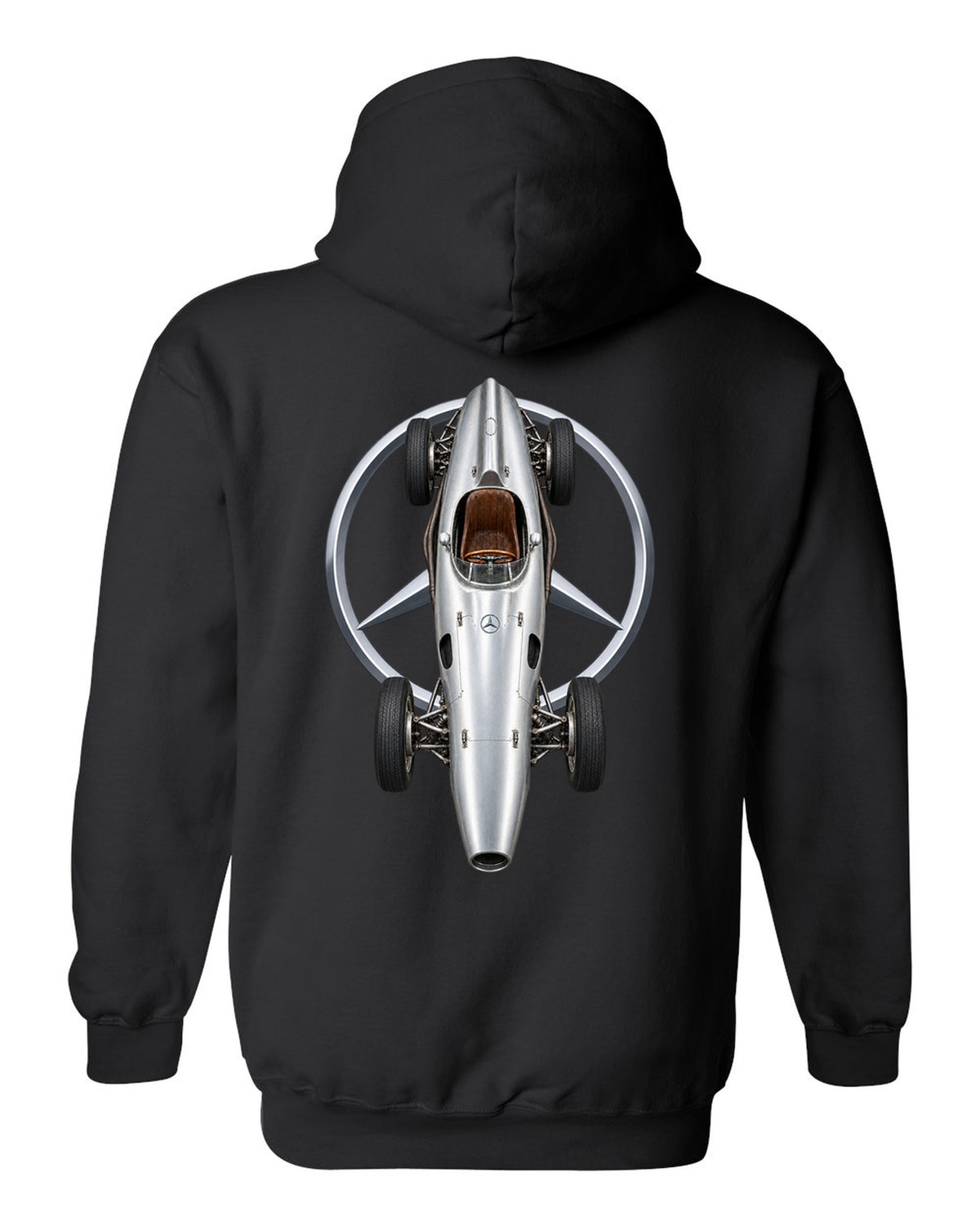 Mercedes W196 1954 Formula 1 overhead poster artwork black pull over hoodie back view with the design