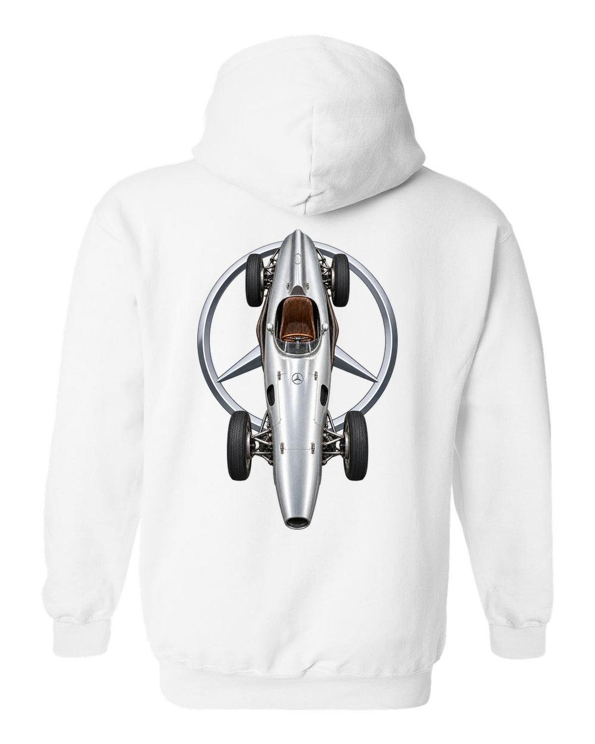 Mercedes W196 1954 Formula 1 overhead poster artwork white pull over hoodie back view with the design