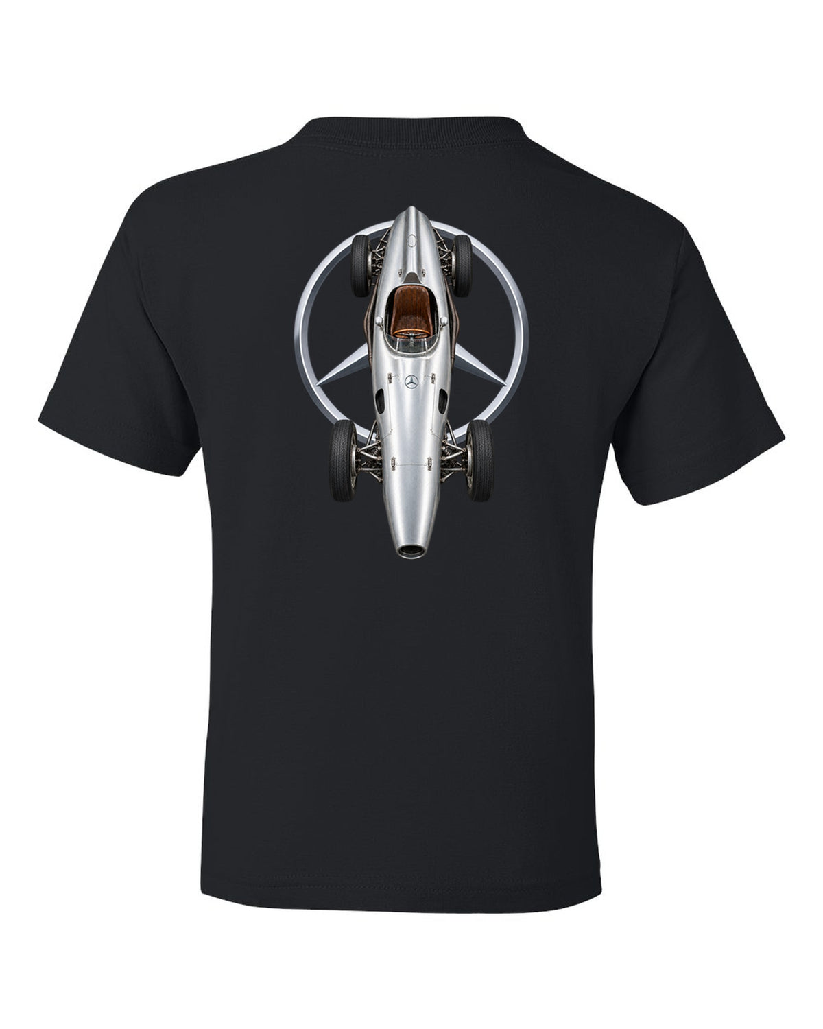 Mercedes W196 1954 Formula 1 overhead poster artwork black kids tee back view with the design