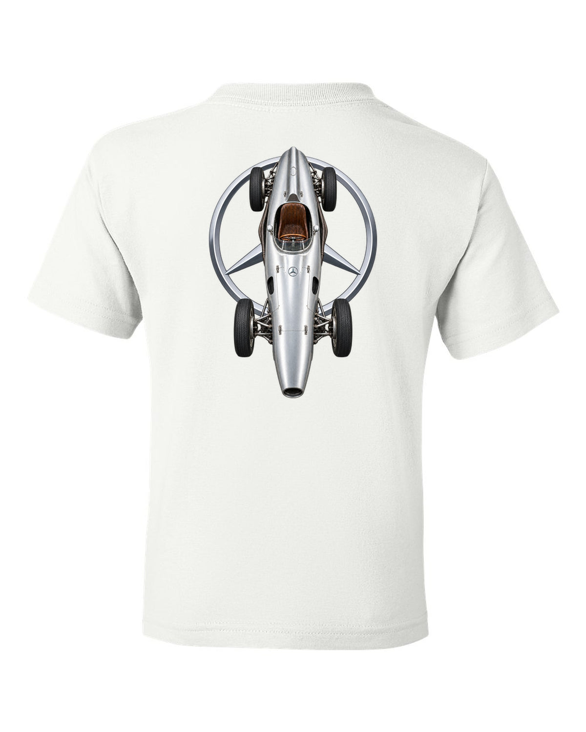 Mercedes W196 1954 Formula 1 overhead poster artwork white kids tee back view with the design