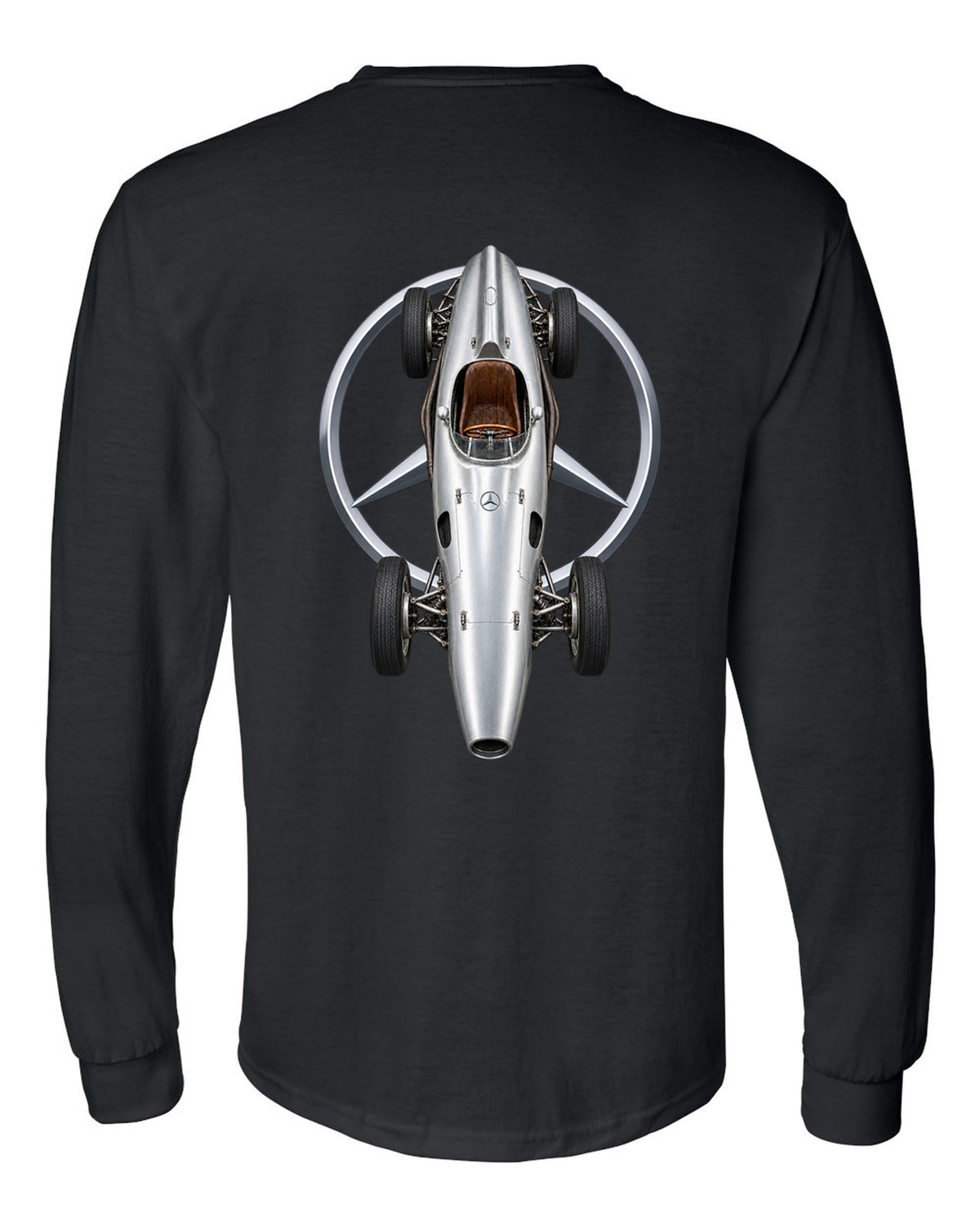 Mercedes W196 1954 Formula 1 overhead poster artwork black long sleeve back view with the design