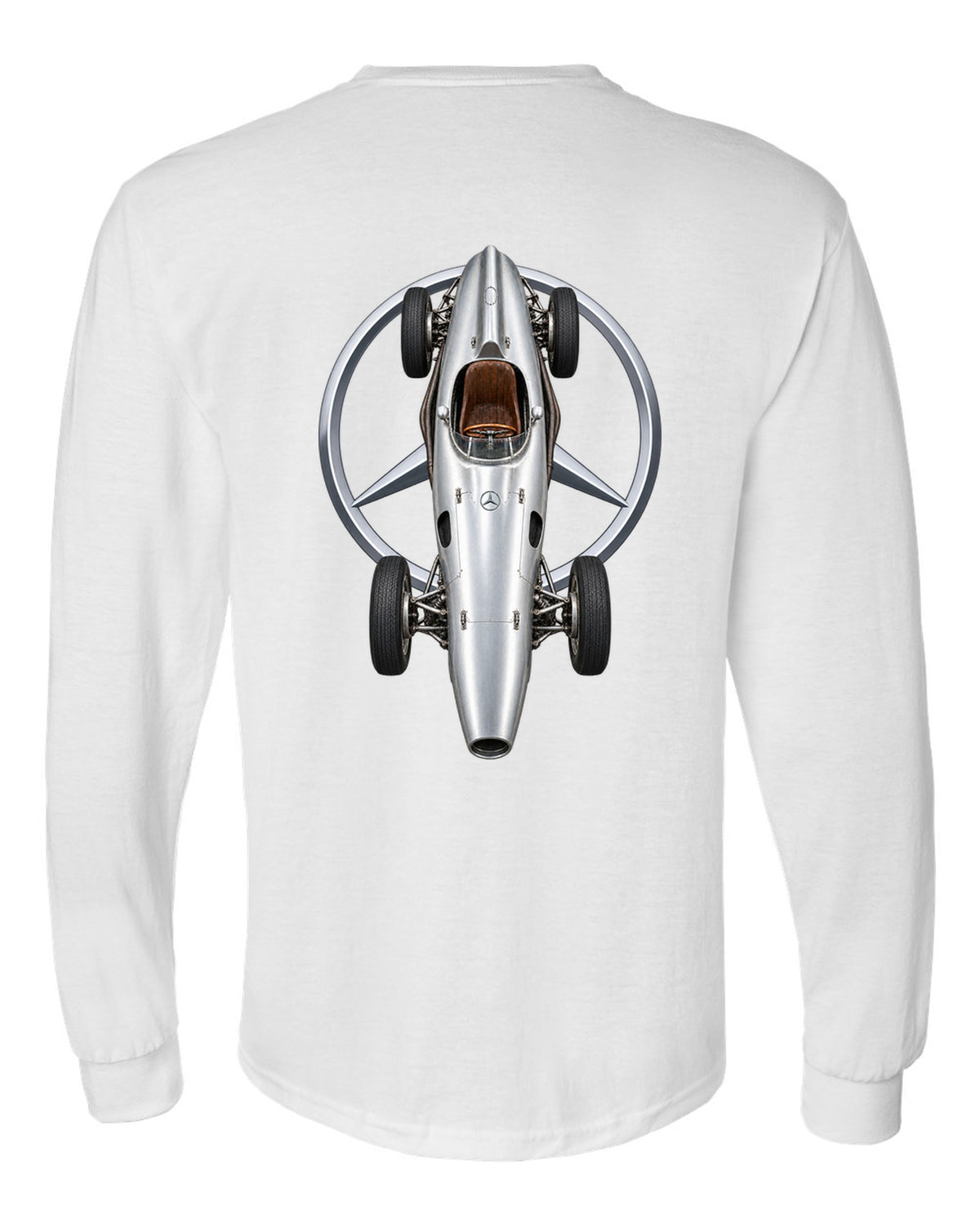 Mercedes W196 1954 Formula 1 overhead poster artwork white long sleeve back view with the design