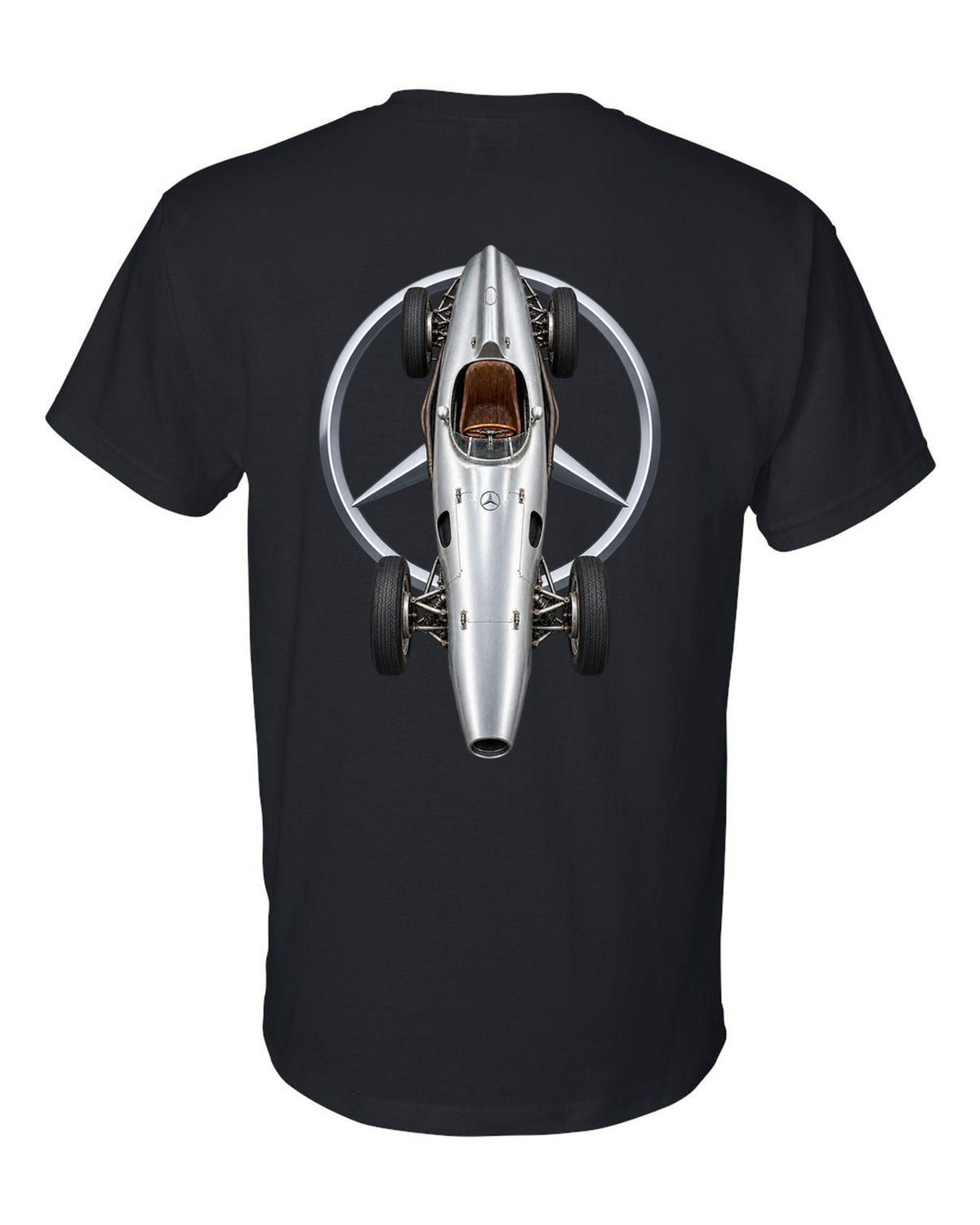 Mercedes W196 1954 Formula 1 overhead poster artwork black t-shirt back view with the design