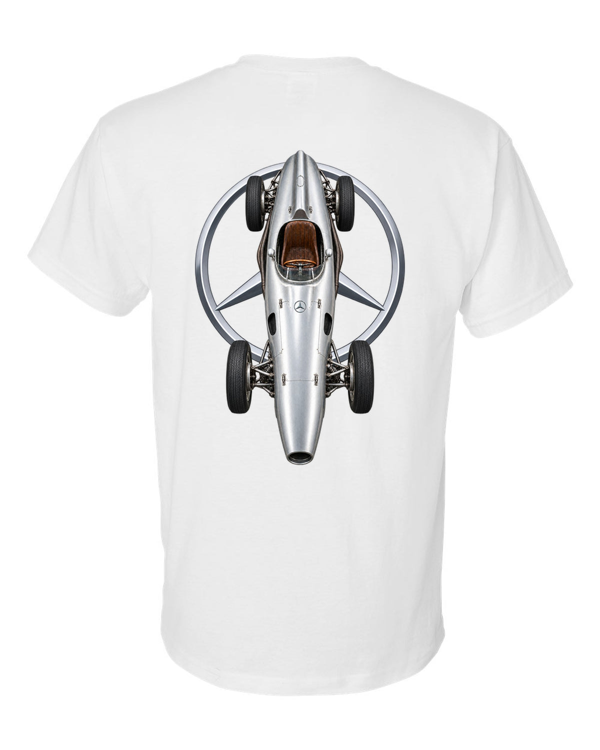 Mercedes W196 1954 Formula 1 overhead poster artwork white t-shirt back view with the design