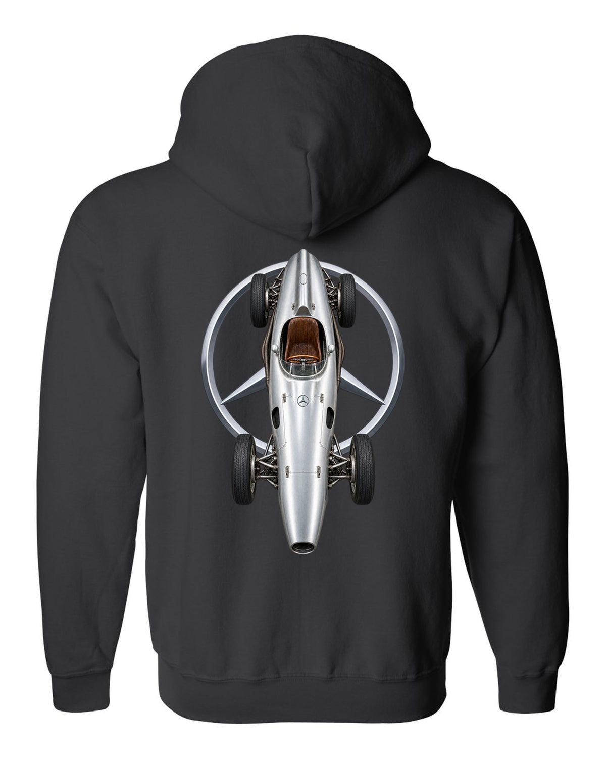 Mercedes W196 1954 Formula 1 overhead poster artwork black zip hoodie back view with the design