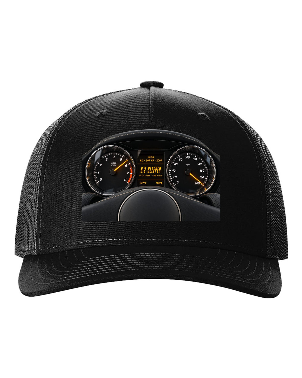 print cockpit gauge of a Mercedes W211 E63 M156 with text 507 HP, 2007, 6.2 sleeper black hat front view with the design