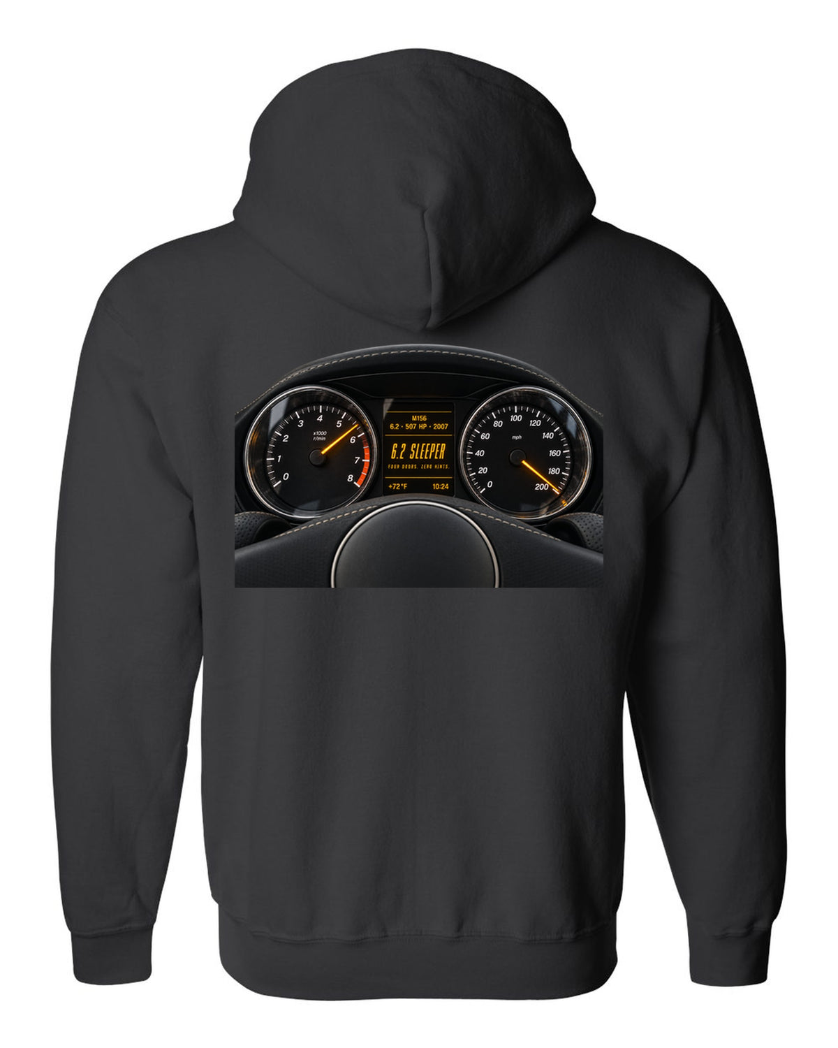 print cockpit gauge of a Mercedes W211 E63 M156 with text 507 HP, 2007, 6.2 sleeper black zip hoodie back view with the design