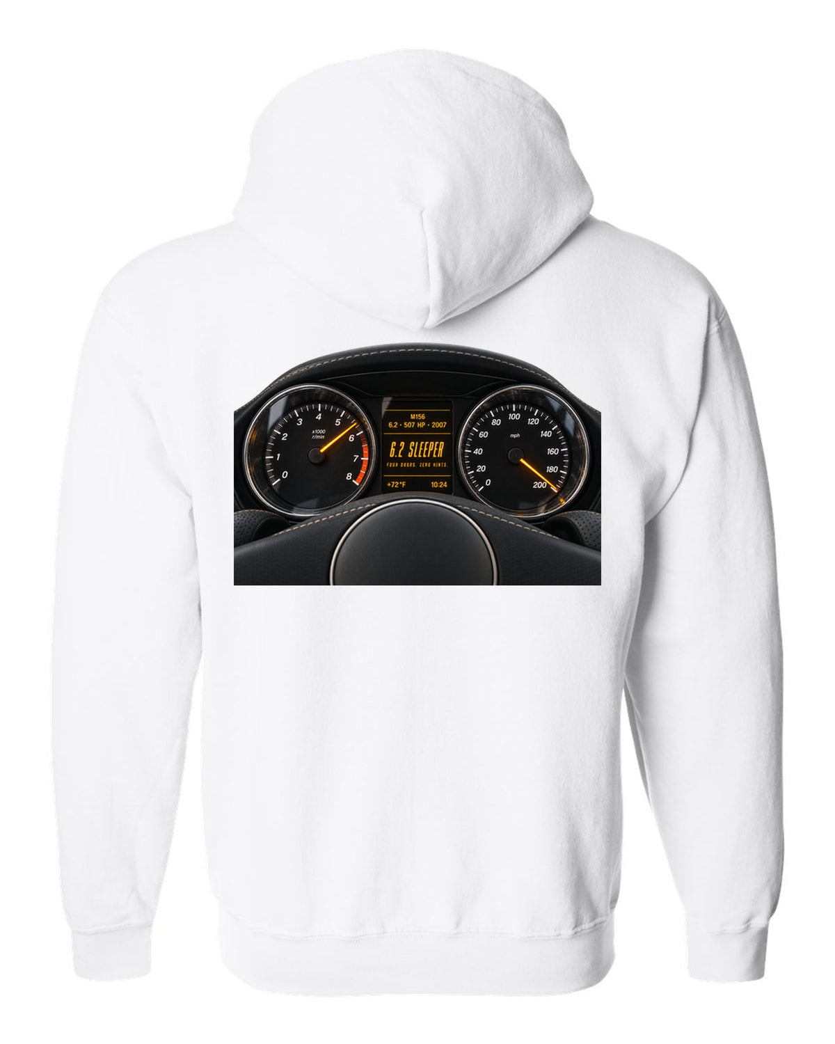 print cockpit gauge of a Mercedes W211 E63 M156 with text 507 HP, 2007, 6.2 sleeper white zip hoodie back view with the design