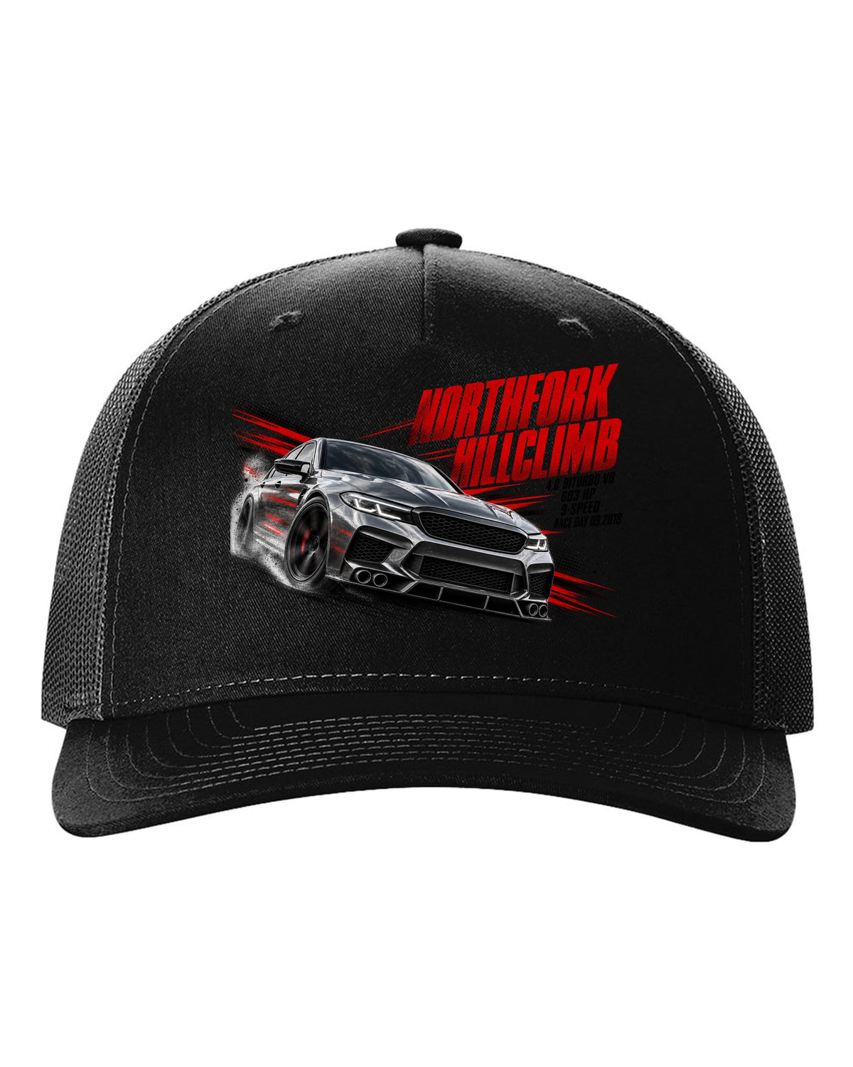 print race poster of a Mercedes W213 E63 S sedan for a hillclimb with text 4.0 Biturbo race day 09.2018 black hat front view with the design