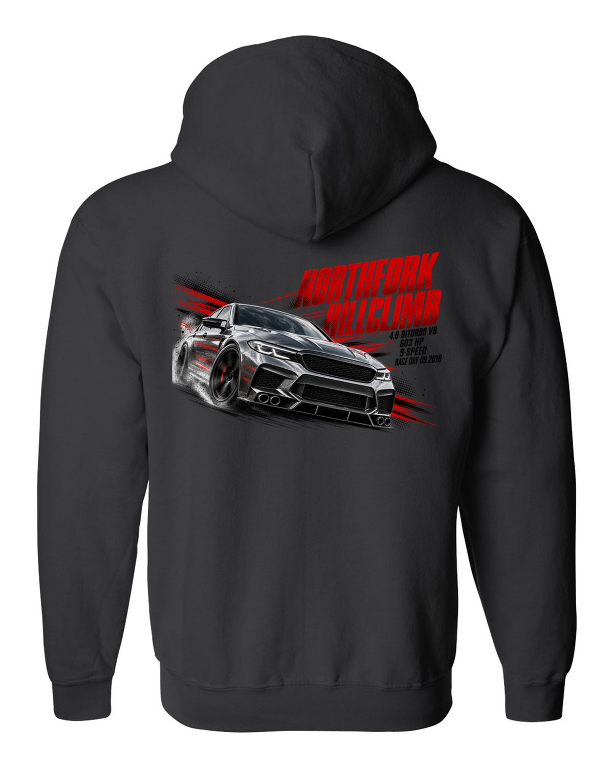 print race poster of a Mercedes W213 E63 S sedan for a hillclimb with text 4.0 Biturbo race day 09.2018 black zip hoodie back view with the design