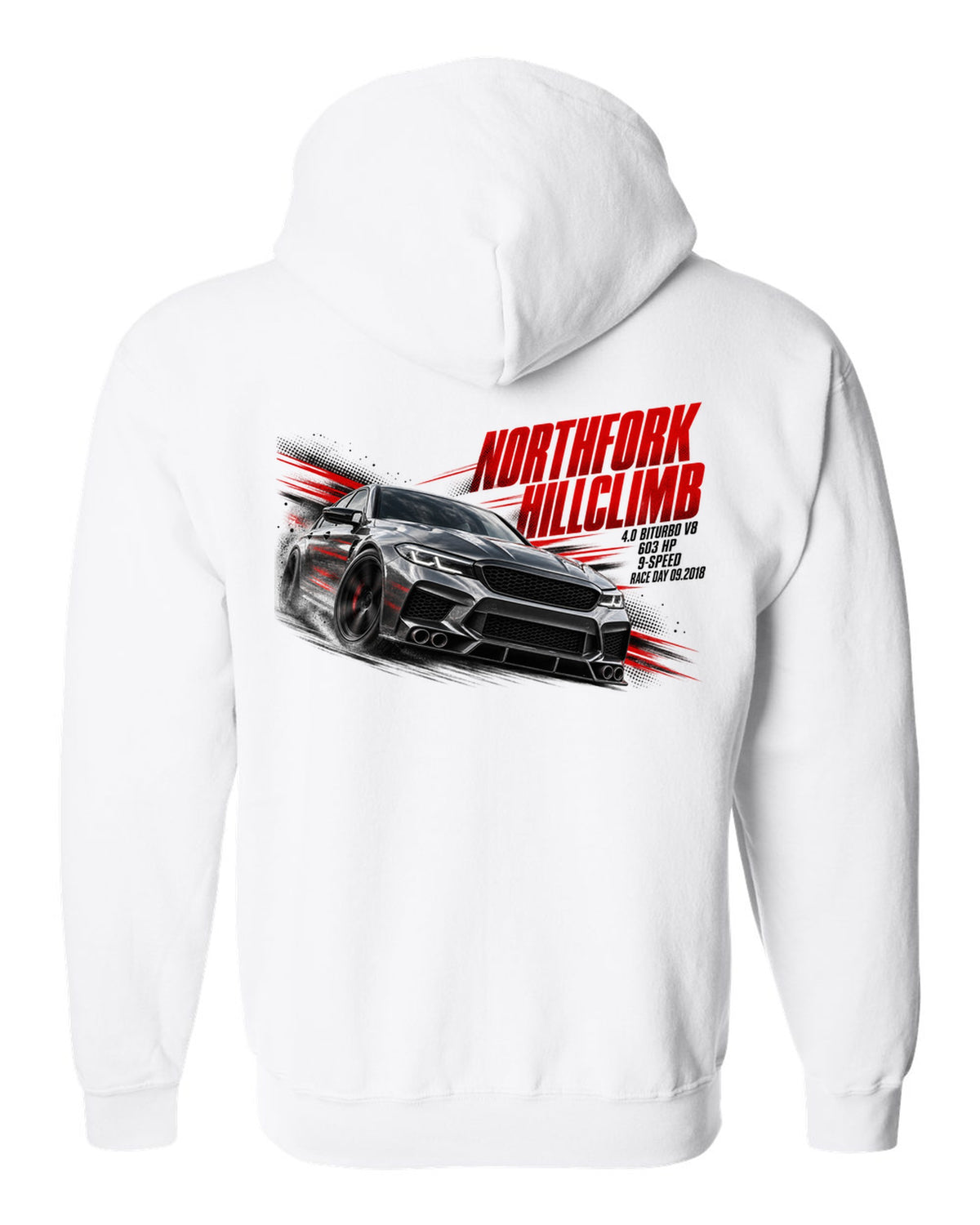 print race poster of a Mercedes W213 E63 S sedan for a hillclimb with text 4.0 Biturbo race day 09.2018 white zip hoodie back view with the design