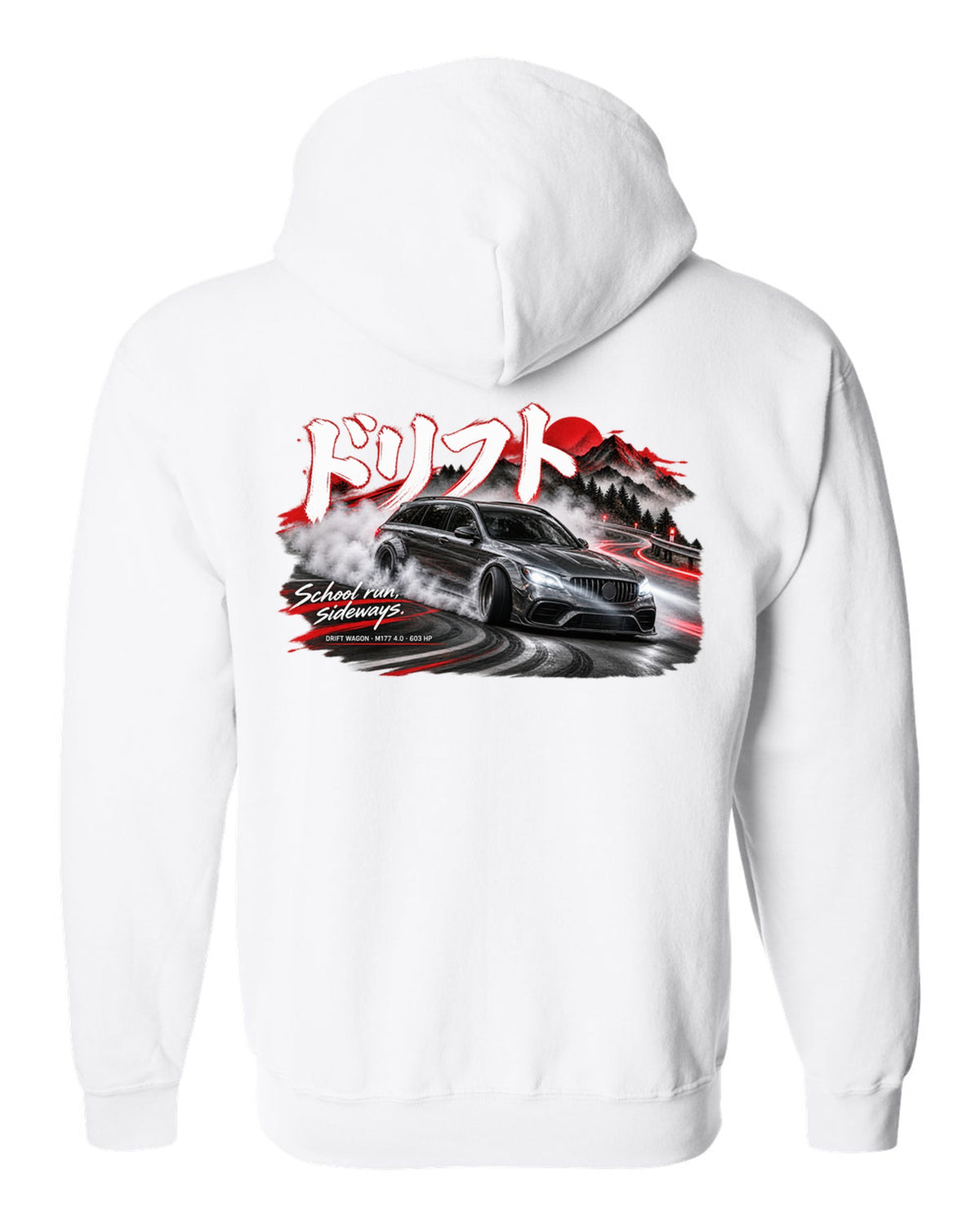 print touge drift night of a Mercedes W213 E63 S wagon with Japanese drift text and School Run Sideways white zip hoodie back view with the design