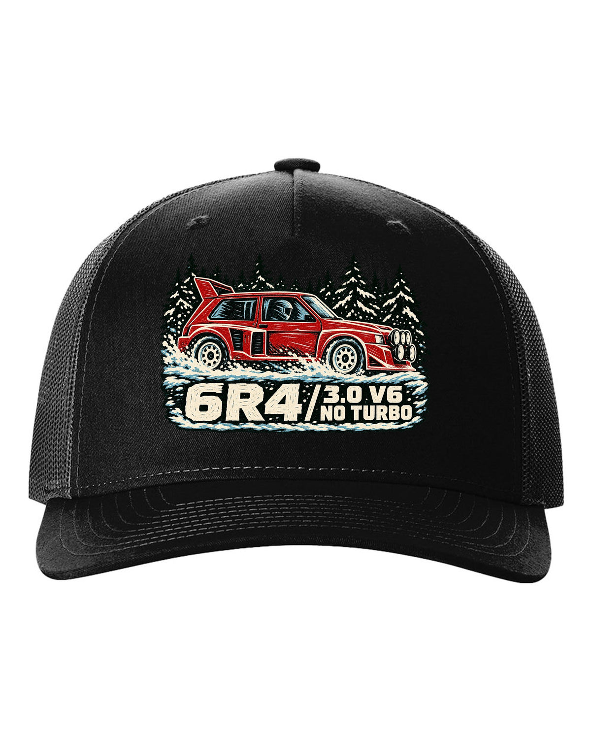 Linocut style print of an MG Metro 6R4 with 3.0 V6 and no turbo lettering black hat front view with the design