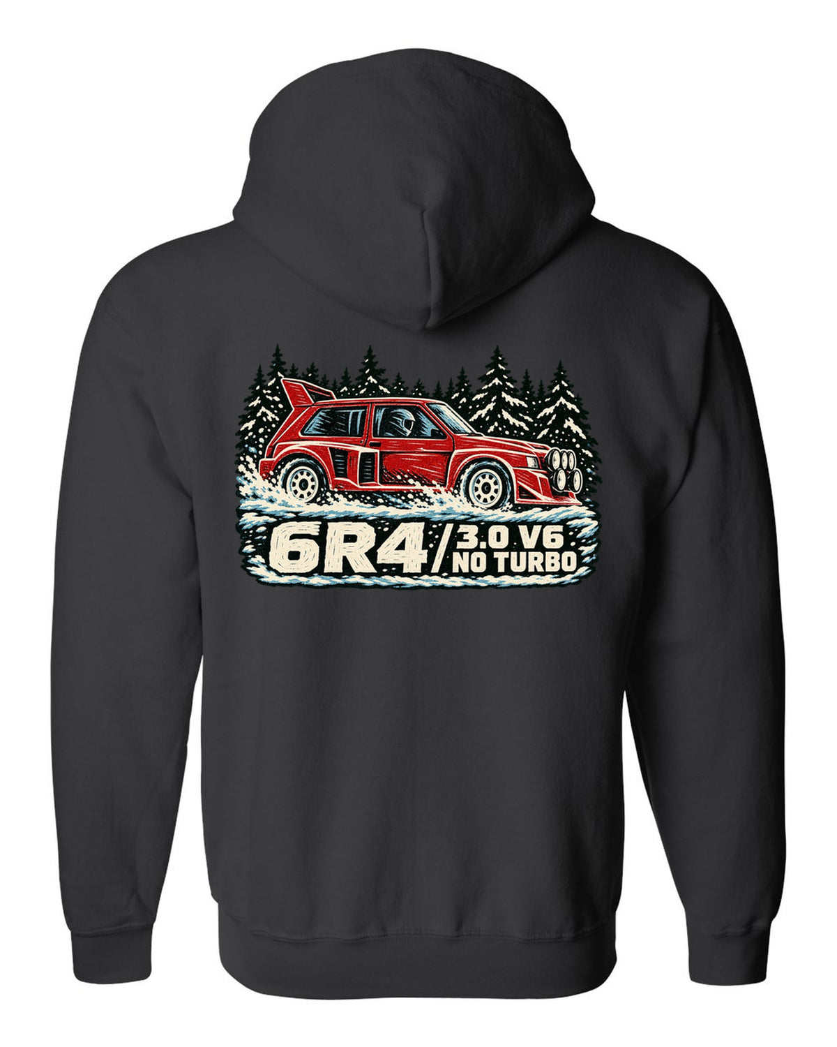 Linocut style print of an MG Metro 6R4 with 3.0 V6 and no turbo lettering black zip hoodie back view with the design