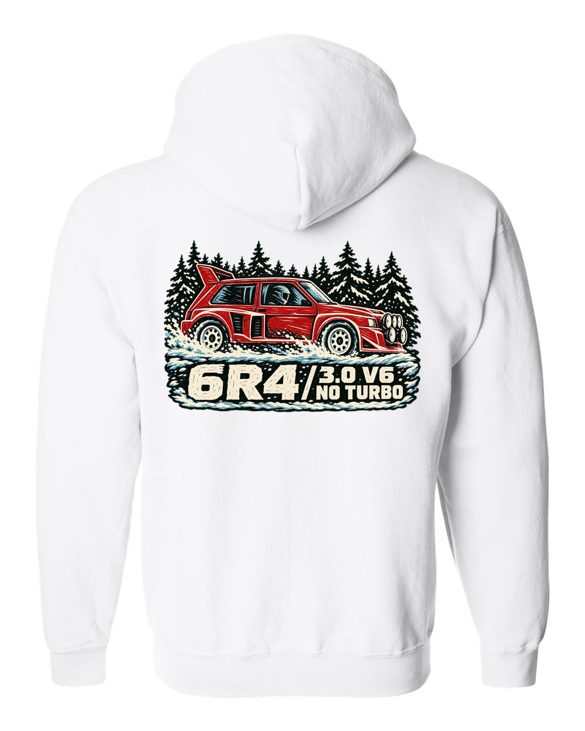 Linocut style print of an MG Metro 6R4 with 3.0 V6 and no turbo lettering white zip hoodie back view with the design